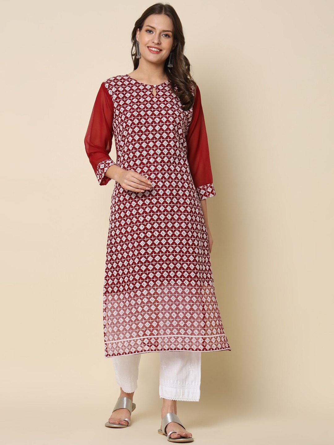 

KALINI Geometric Woven Designed Thread Work Straight Kurta, Maroon