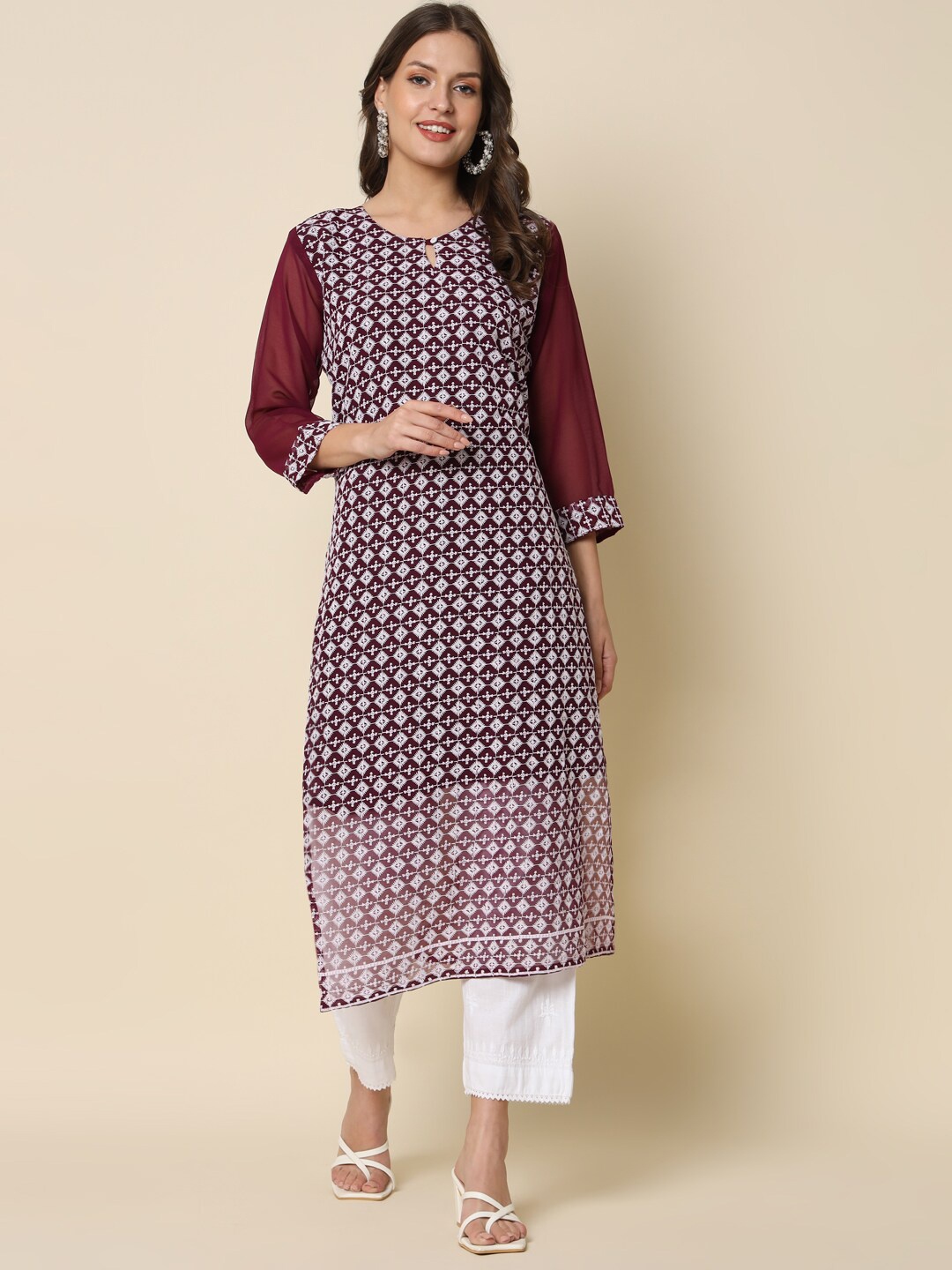 

KALINI Geometric Woven Designed Thread Work Straight Kurta, Purple