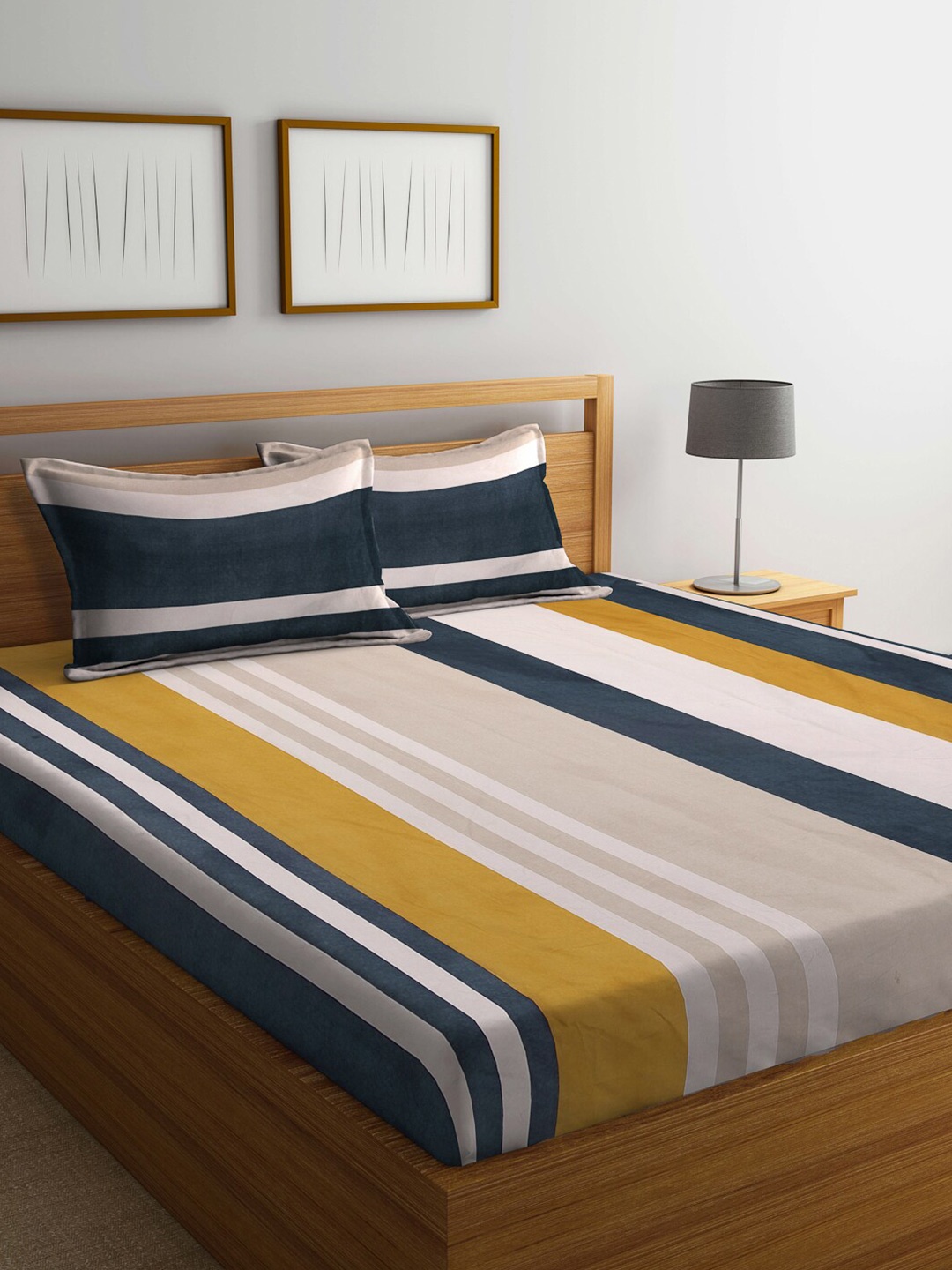 

KLOTTHE Beige & Blue Striped 300 TC Fitted Super King Double Bedsheet With 2 Pillow Covers