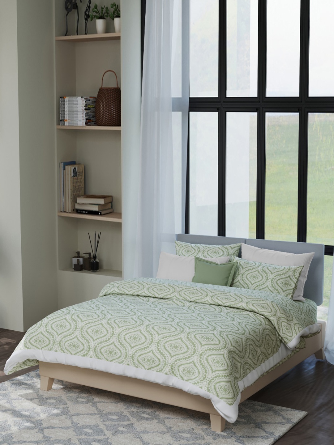 

LABHAM Kadambari 7-Pcs Green & White Printed Pure Cotton Double King Bedding Set
