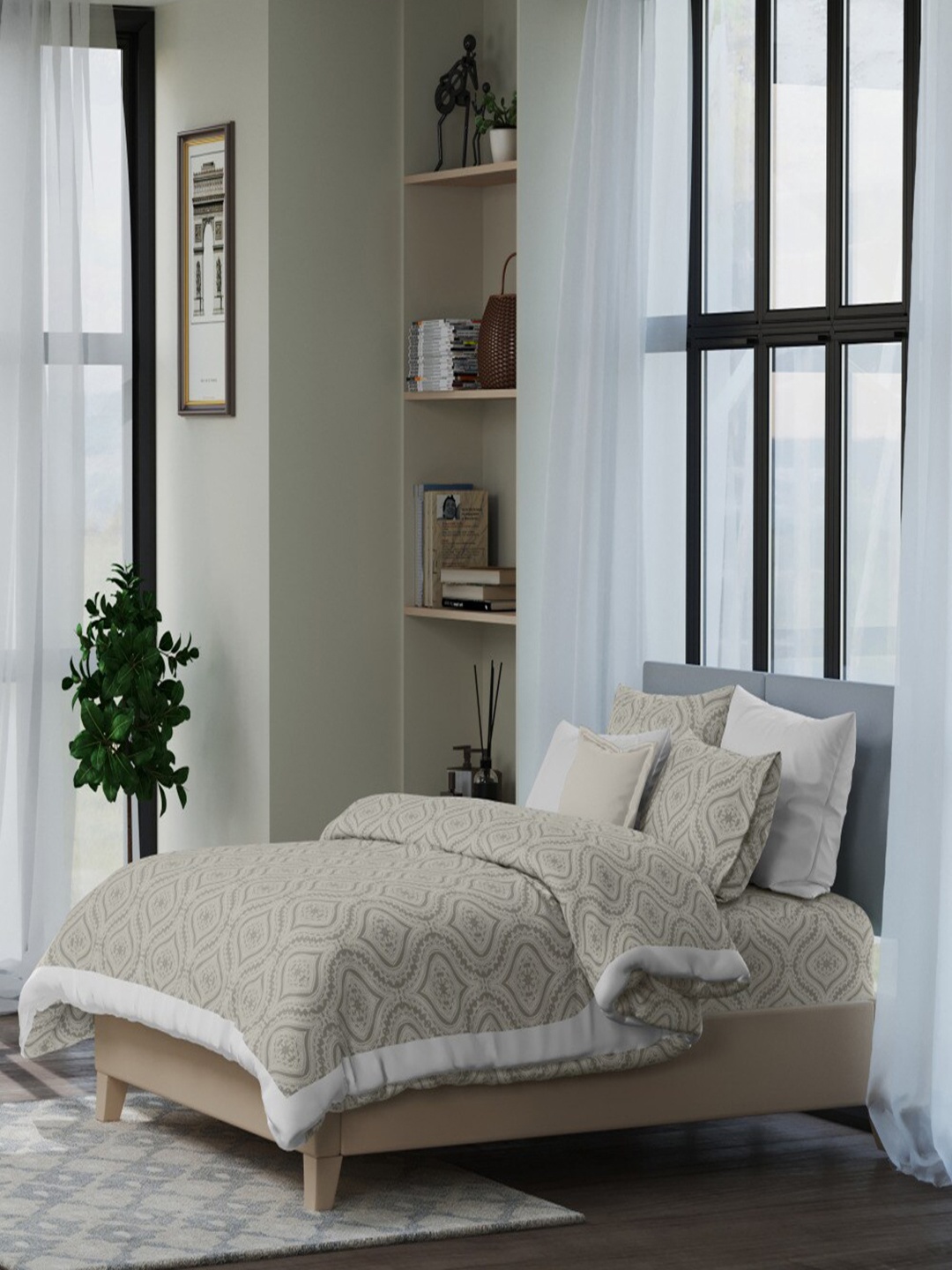LABHAM 7-Pcs Kadambari Grey Printed Pure Cotton Bedding Set