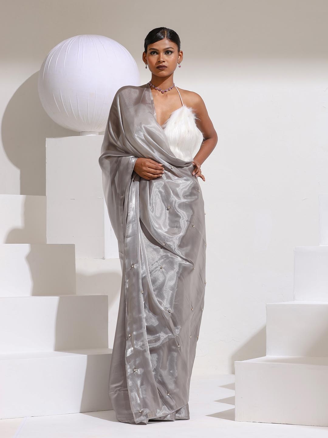 

Swtantra Geometric Embellished Beads & Stones Organza Saree, Grey