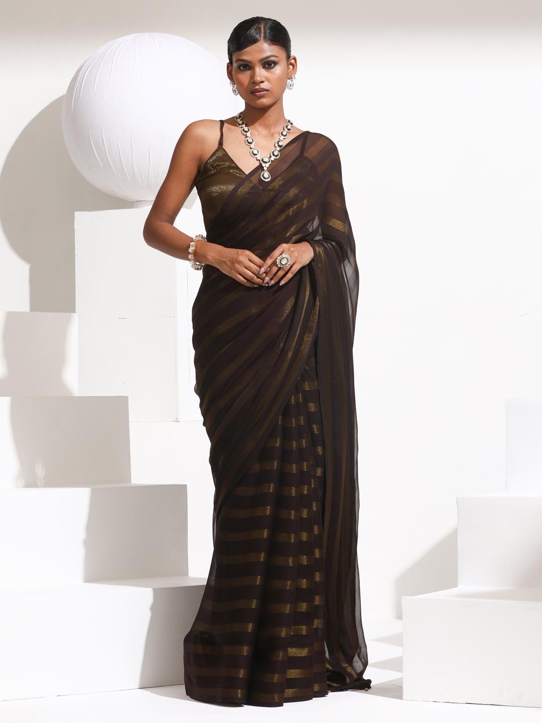 

Swtantra Striped Pure Chiffon Saree, Black