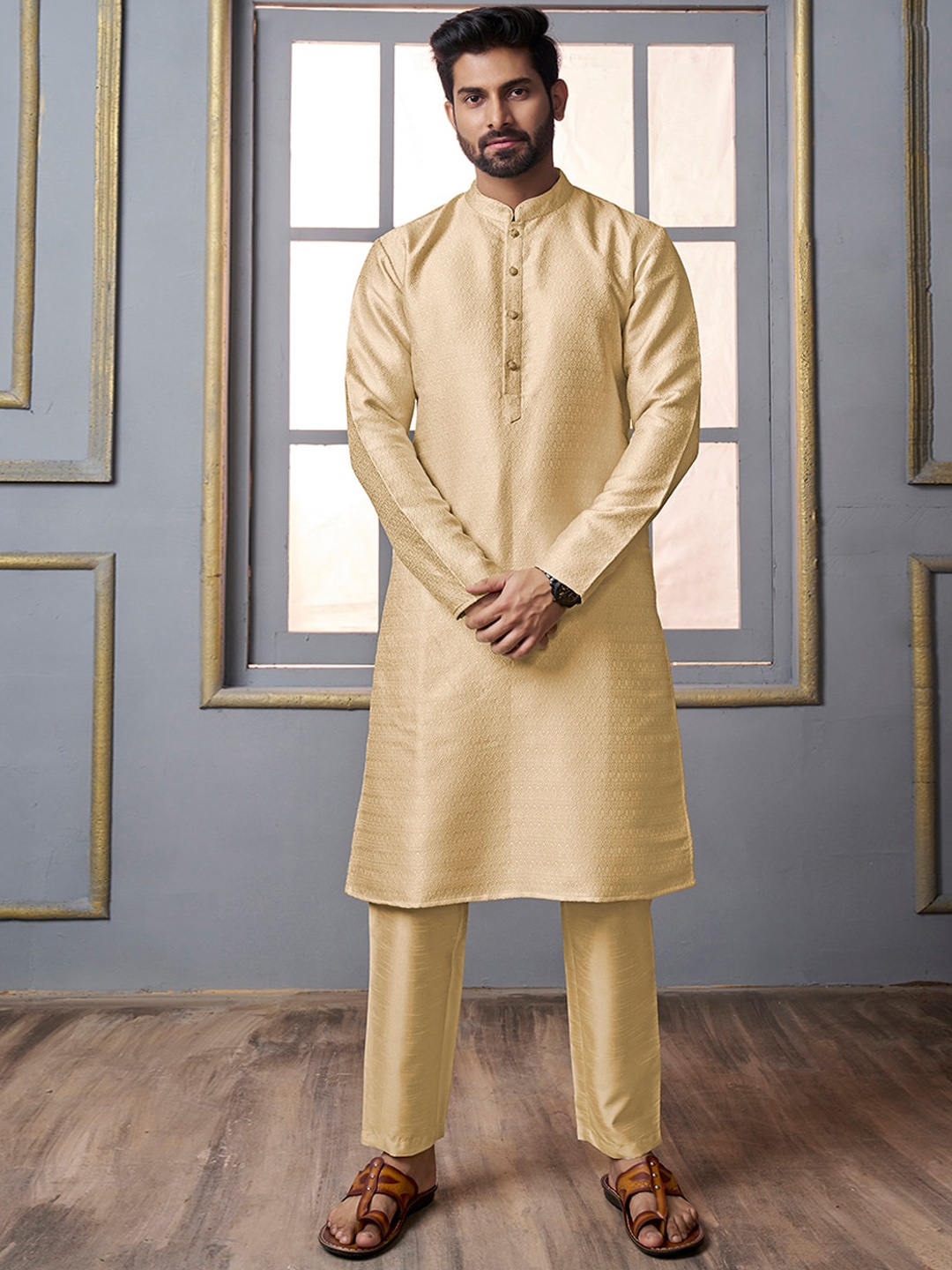 

Inddus Woven Design Regular Kurta With Trousers, Gold