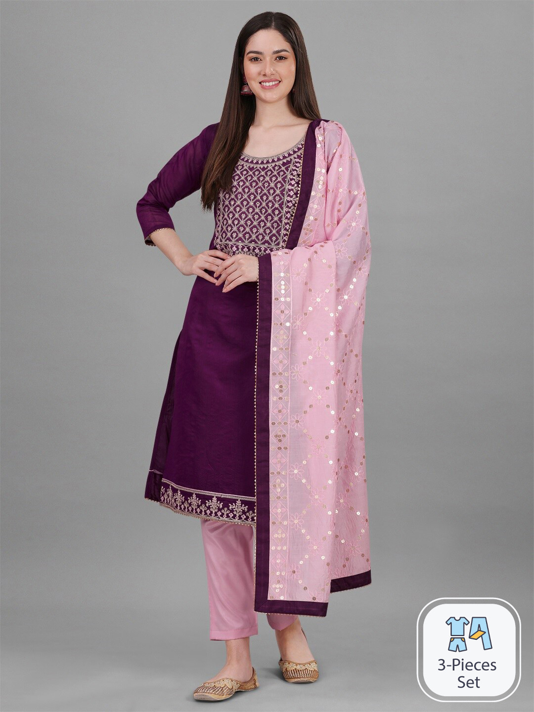 

Nivah Fashion Floral Embroidered Regular Thread Work Kurta & Trousers With Dupatta, Purple