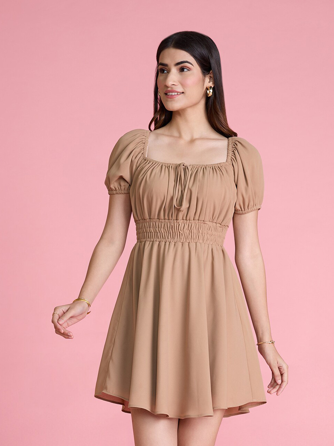 

20Dresses Beige Square Neck Puff Sleeves Smocked Fit & Flare Dress