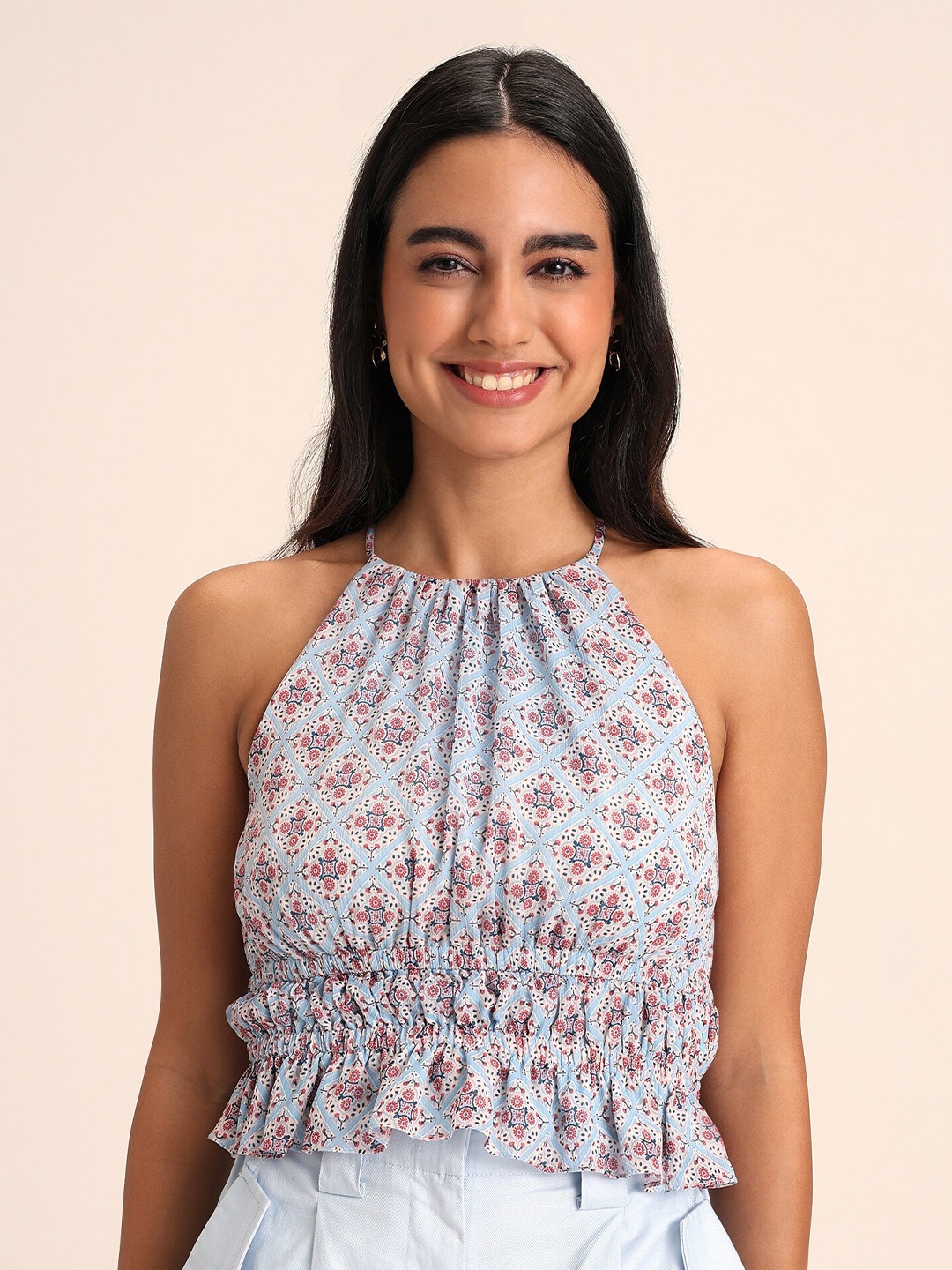 

20Dresses Blue Floral Printed Cinched Waist Top