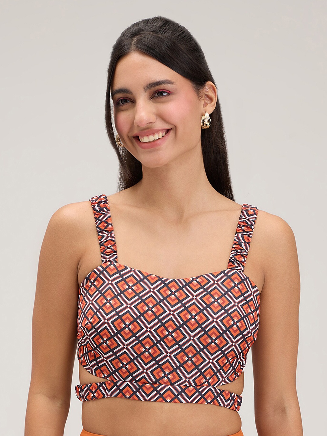 

20Dresses Orange & Black Geometric Printed Styled Back Crop Top