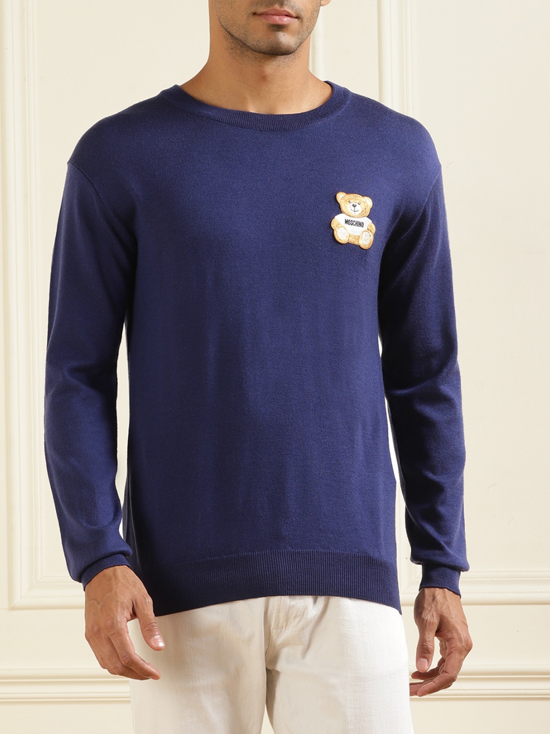 

MOSCHINO COUTURE Round Neck Woollen Pullover Sweatshirt, Navy blue