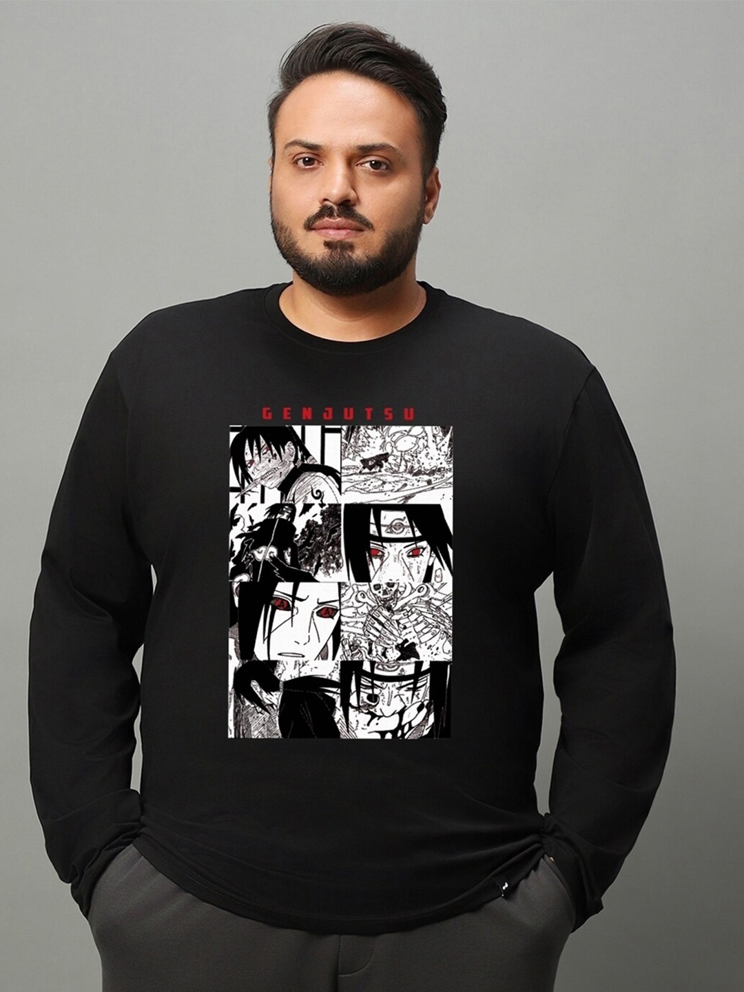 

Bewakoof Plus Black Naruto Printed Pure Cotton T-shirt