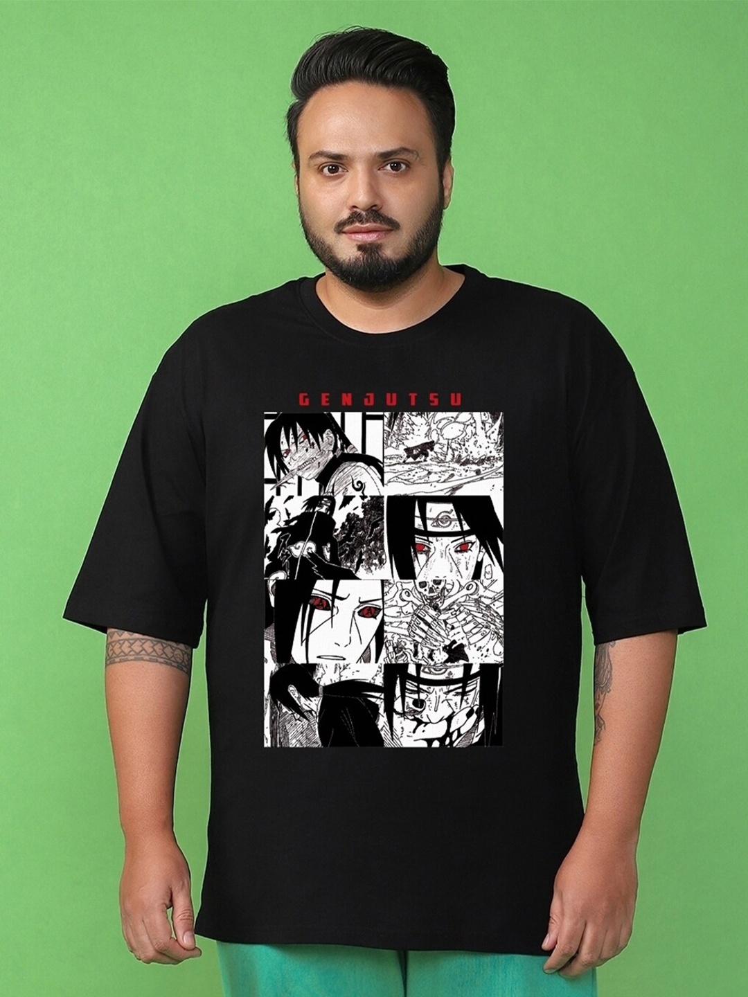 

Bewakoof Black Naruto Printed Drop-Shoulder Pure Cotton Oversized T-shirt
