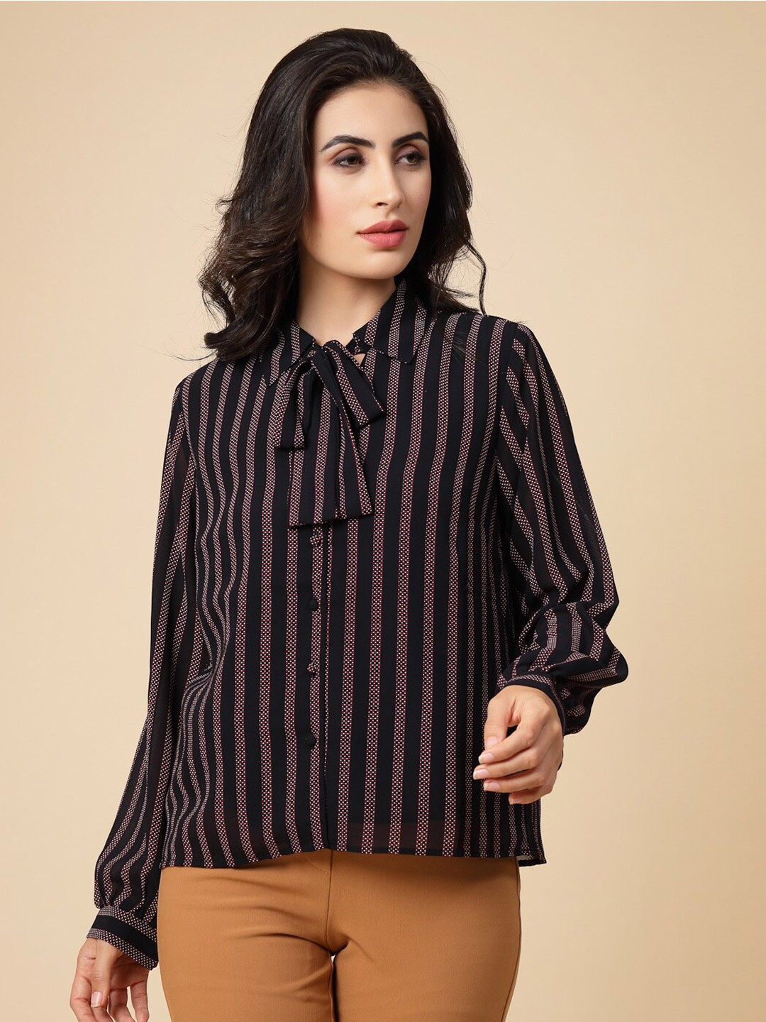 

Gipsy Striped Cuffed Sleeves Georgette Shirt Style Top, Navy blue