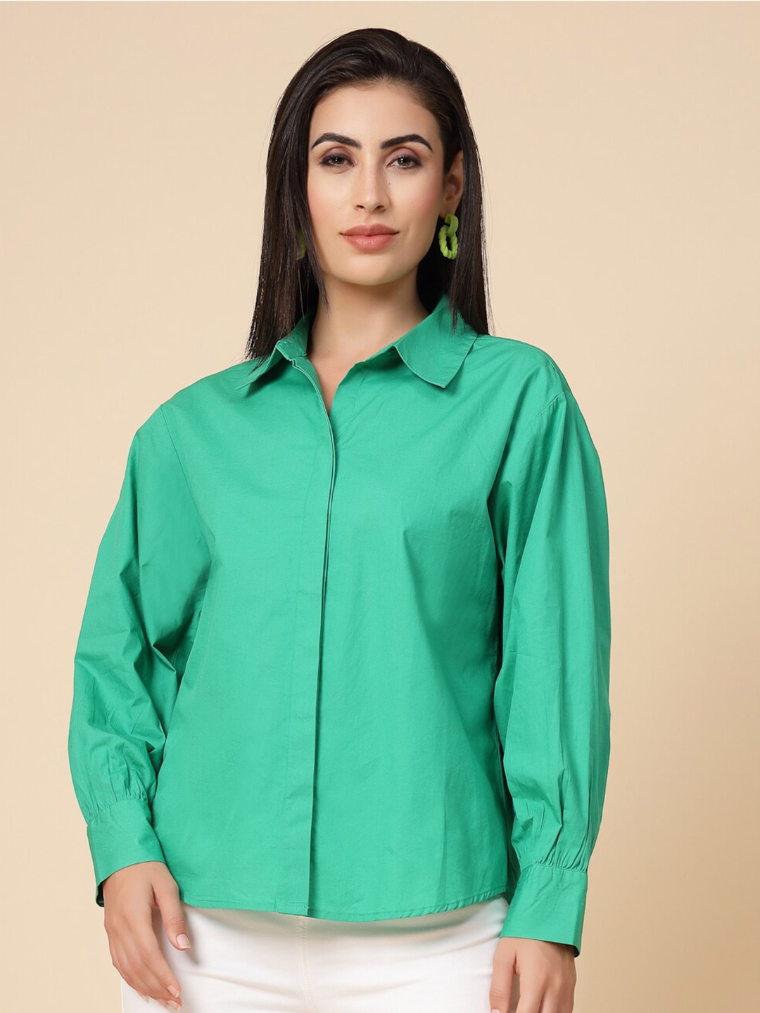 

Gipsy Comfort High-Low Cotton Casual Shirt, Green
