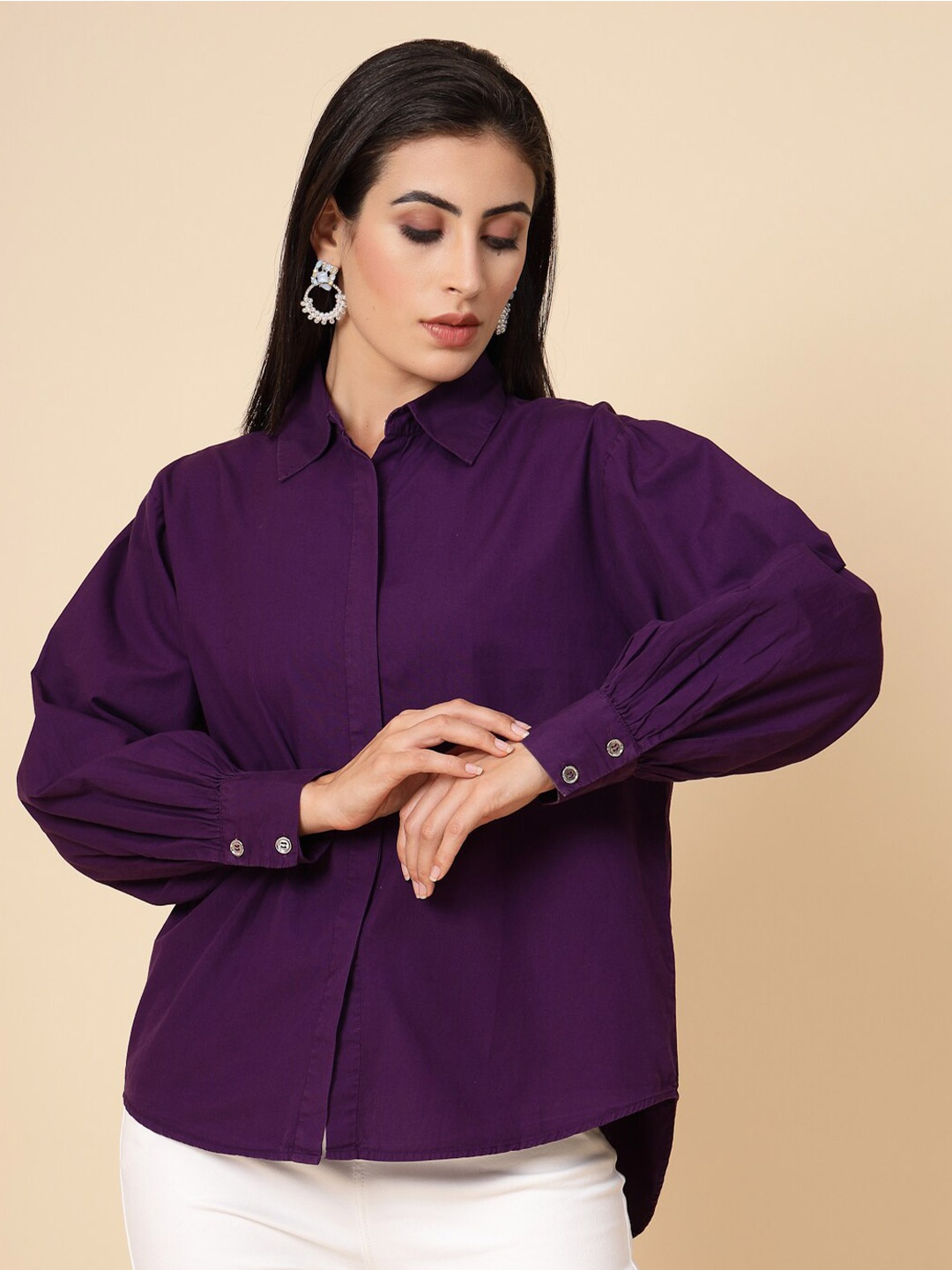 

Gipsy Comfort High-Low Cotton Casual Shirt, Purple