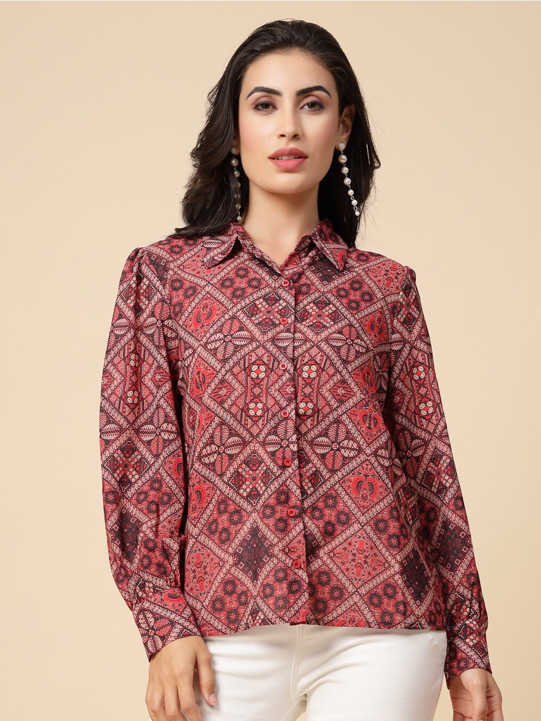 

Gipsy Comfort Ethnic Motifs Printed Satin Casual Shirt, Orange