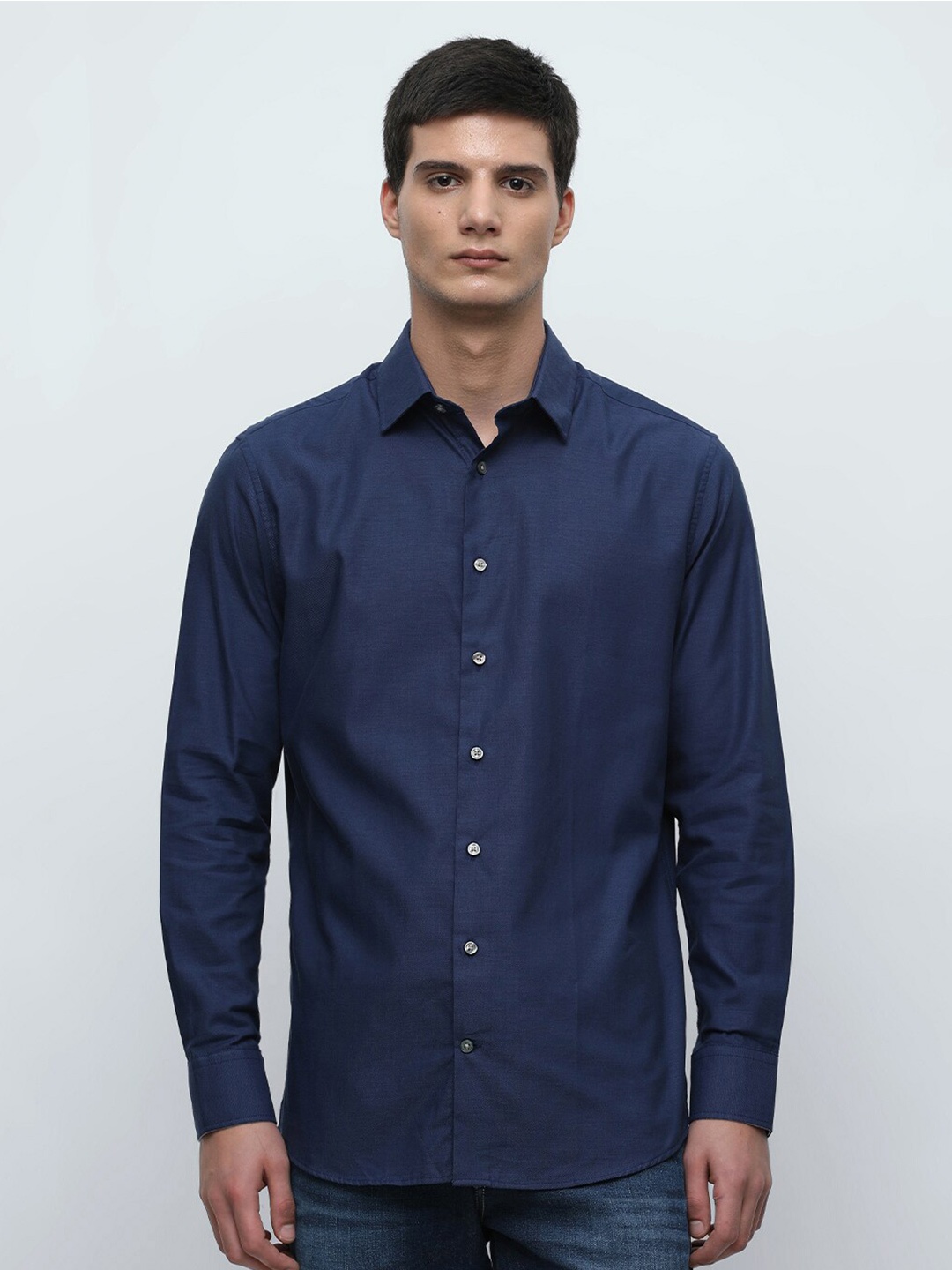 

SELECTED Blue Slim Fit Spread Collar Cotton Casual Shirt, Navy blue