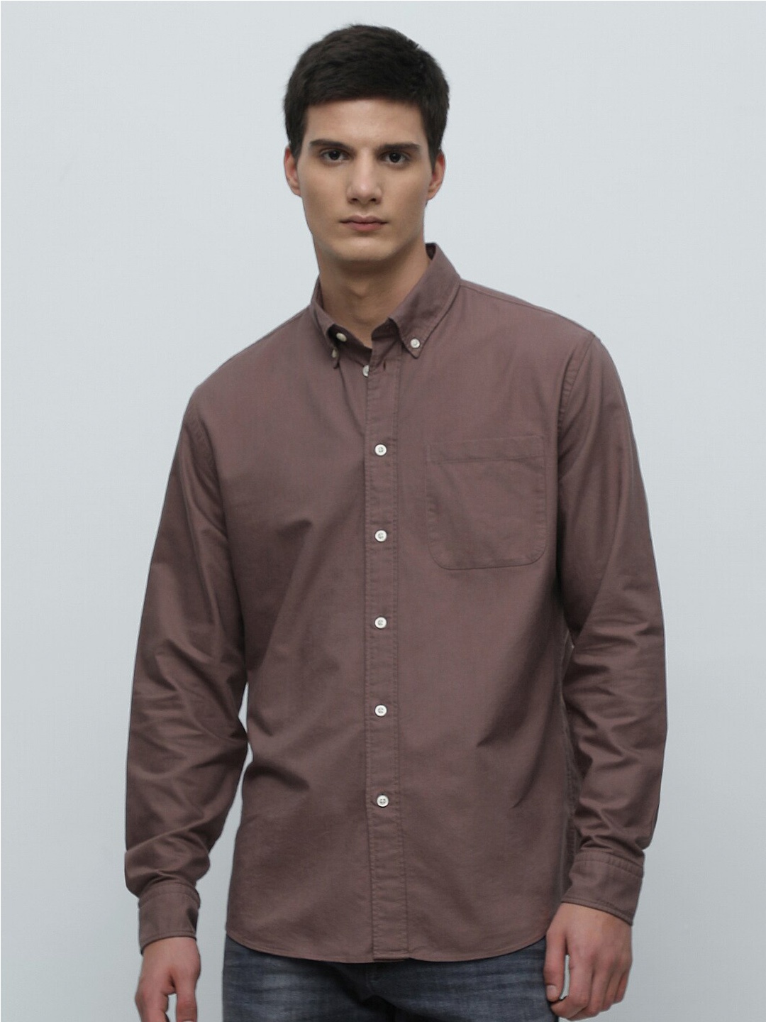 

SELECTED Button Down Collar Chest Pocket Pure Cotton Casual Shirt, Brown