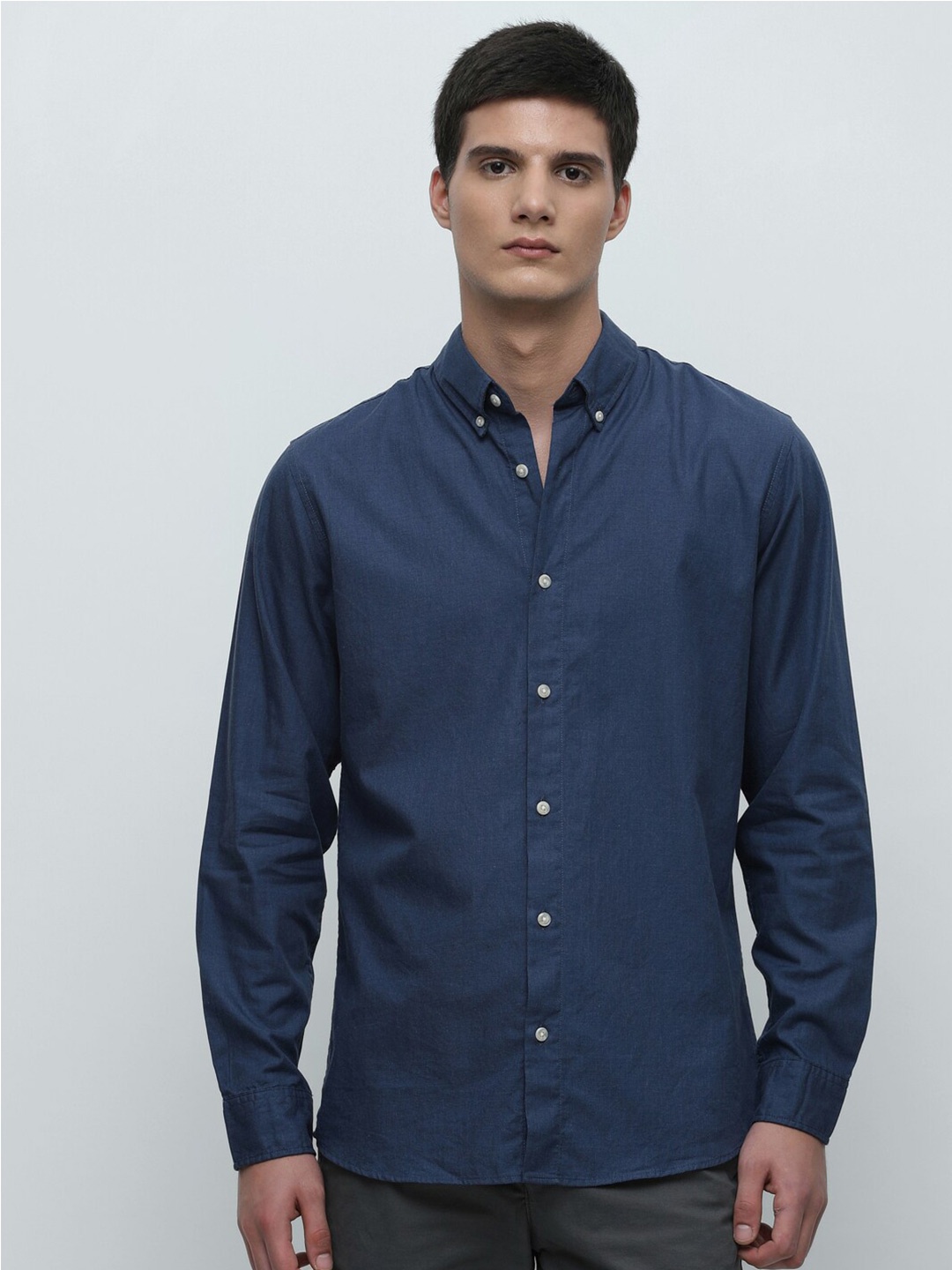 

SELECTED Button Down Collar Slim Fit Cotton Casual Shirt, Navy blue