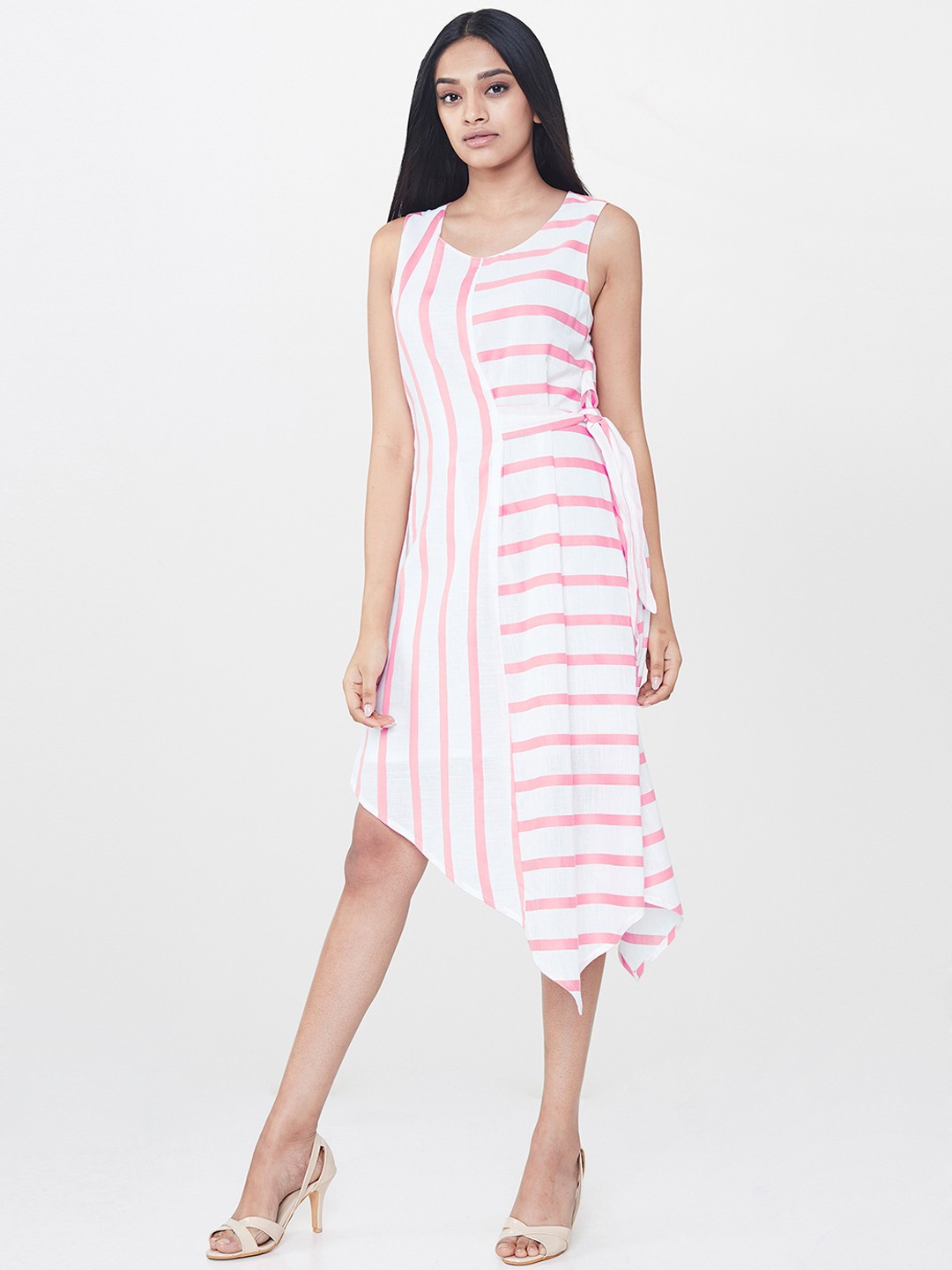 

AND Women White & Peach-Coloured Striped A-Line Dress