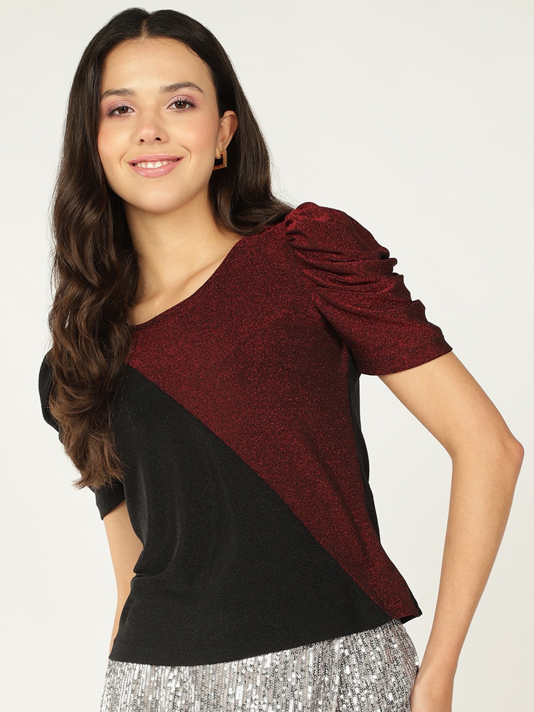 

DressBerry Colourblocked Puff Sleeve Shimmer Top, Black