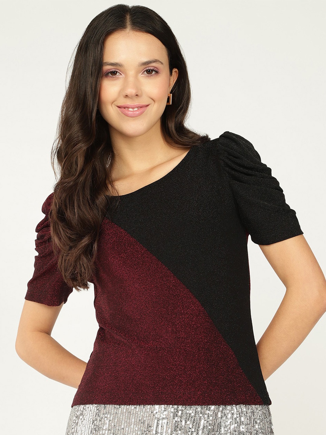 

DressBerry Colourblocked Puff Sleeve Shimmer Top, Maroon