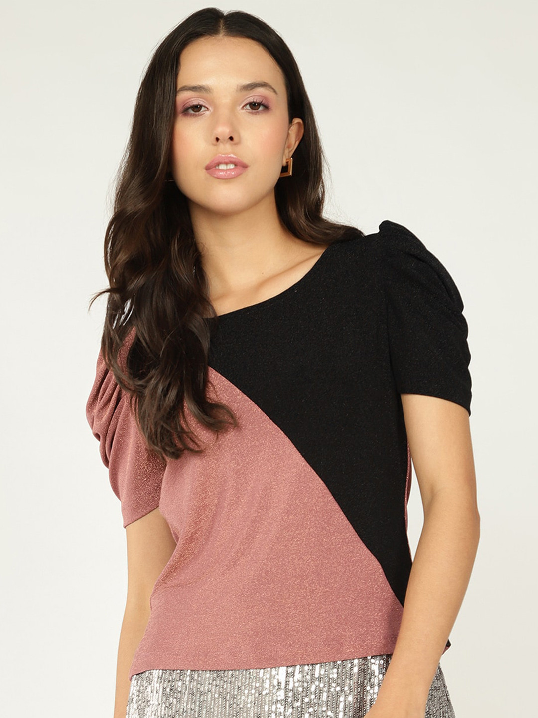 

DressBerry Colourblocked Puff Sleeve Top, Pink