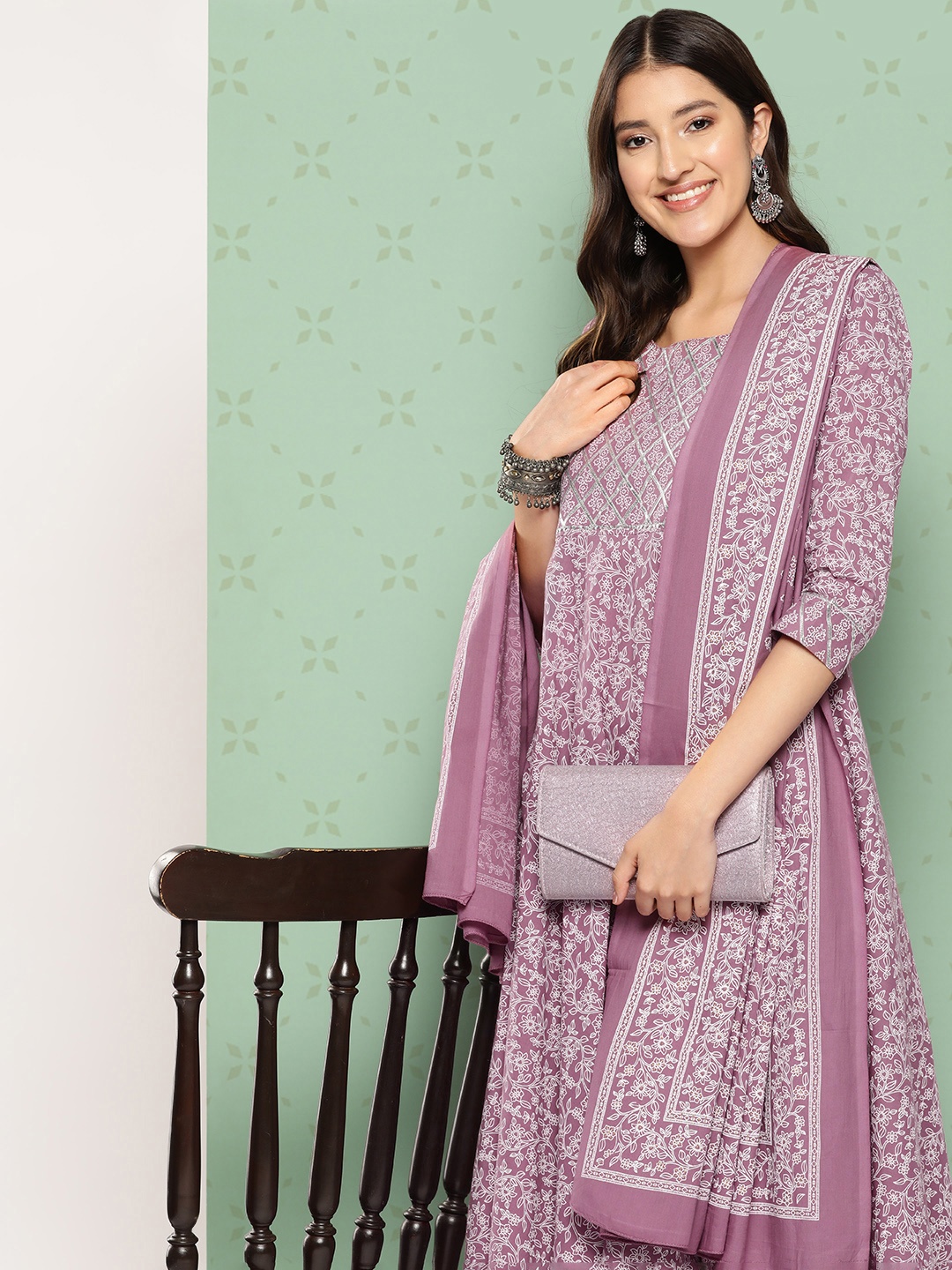 

KALINI Women Ethnic Motifs Printed Empire Gotta Patti Kurta with Trousers & With Dupatta, Mauve