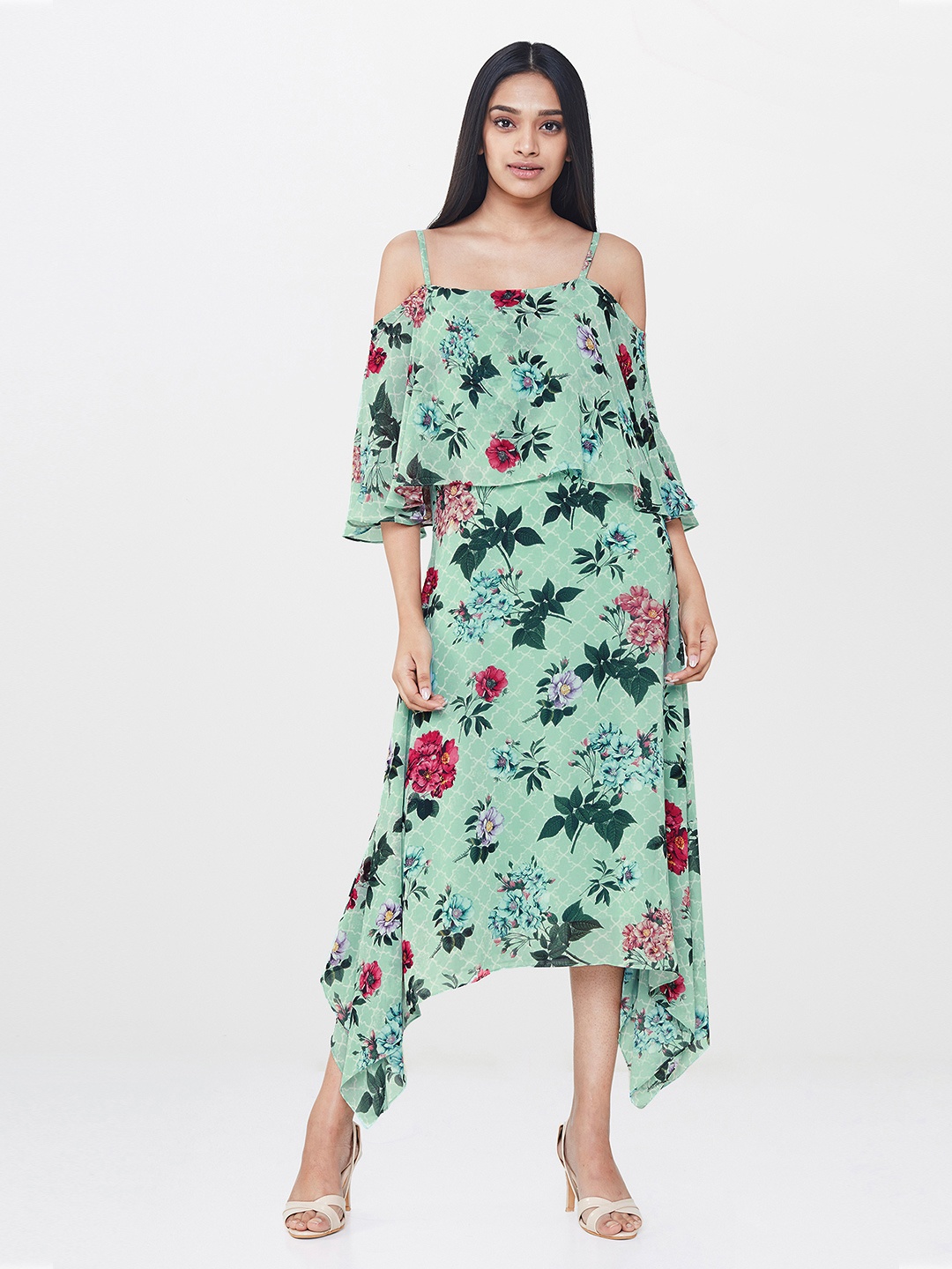 

AND Women Green Floral Printed A-Line Layered Dress