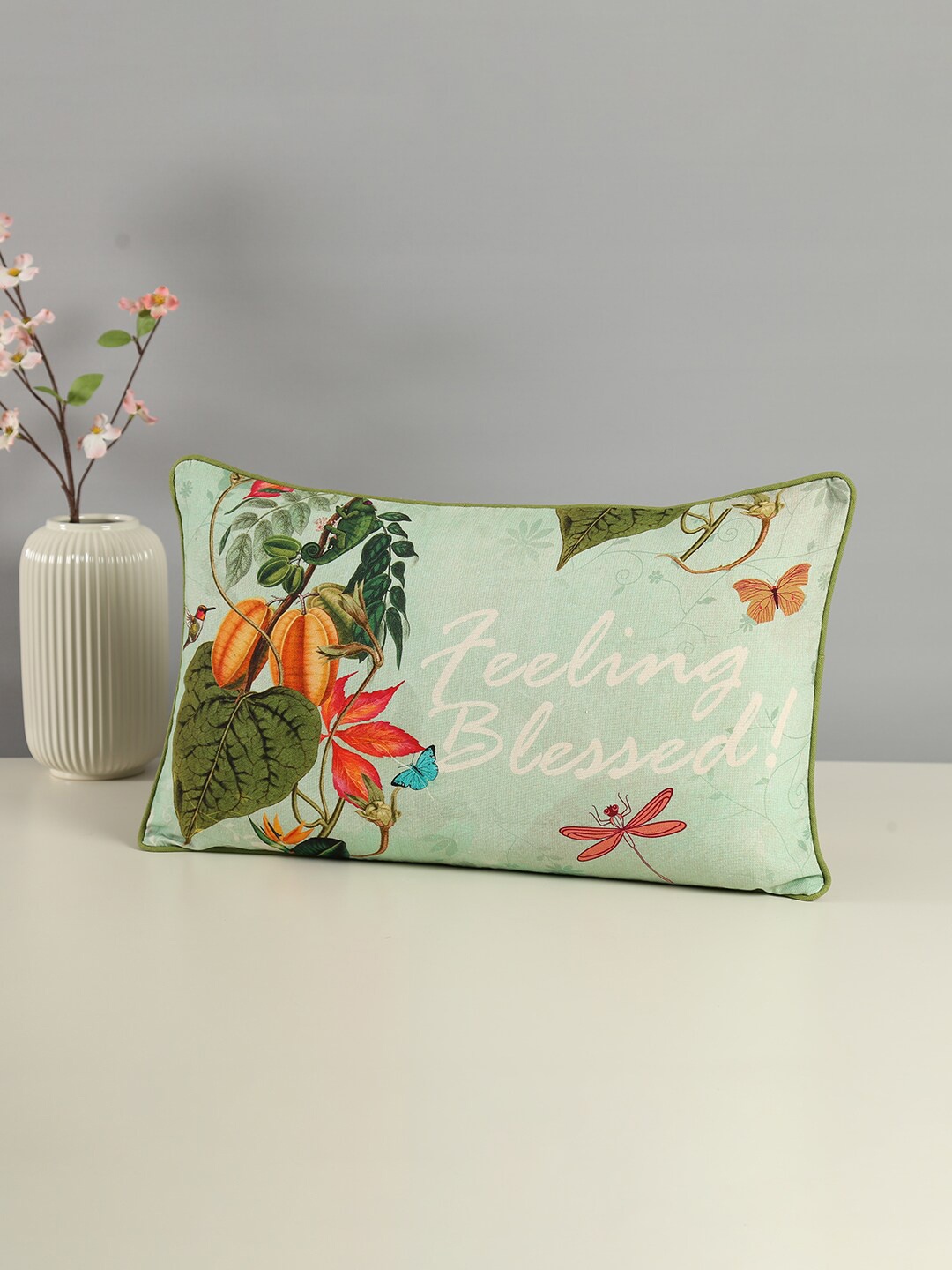 

India Circus by Krsnaa Mehta Lime Green & Red Floral Rectangle Cotton Cushion Cover