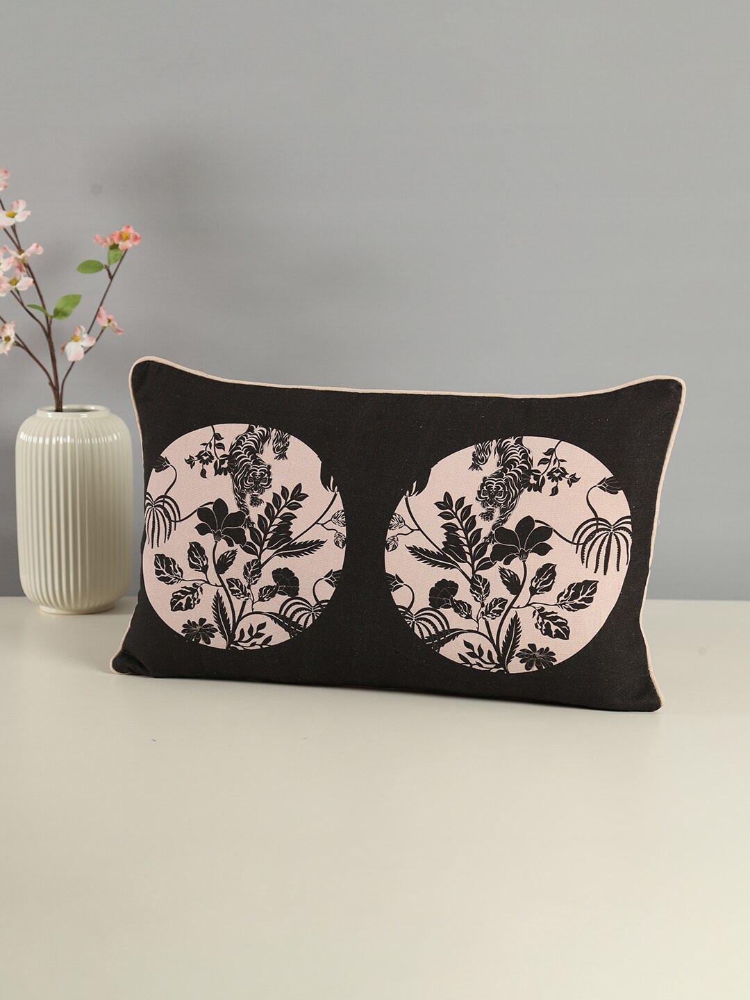 

India Circus by Krsnaa Mehta Black & Beige Floral Rectangle Cotton Cushion Cover