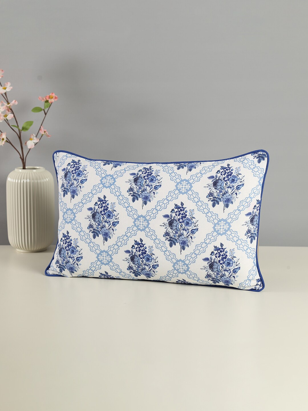 

India Circus by Krsnaa Mehta White & Blue Floral Rectangle Cotton Cushion Cover