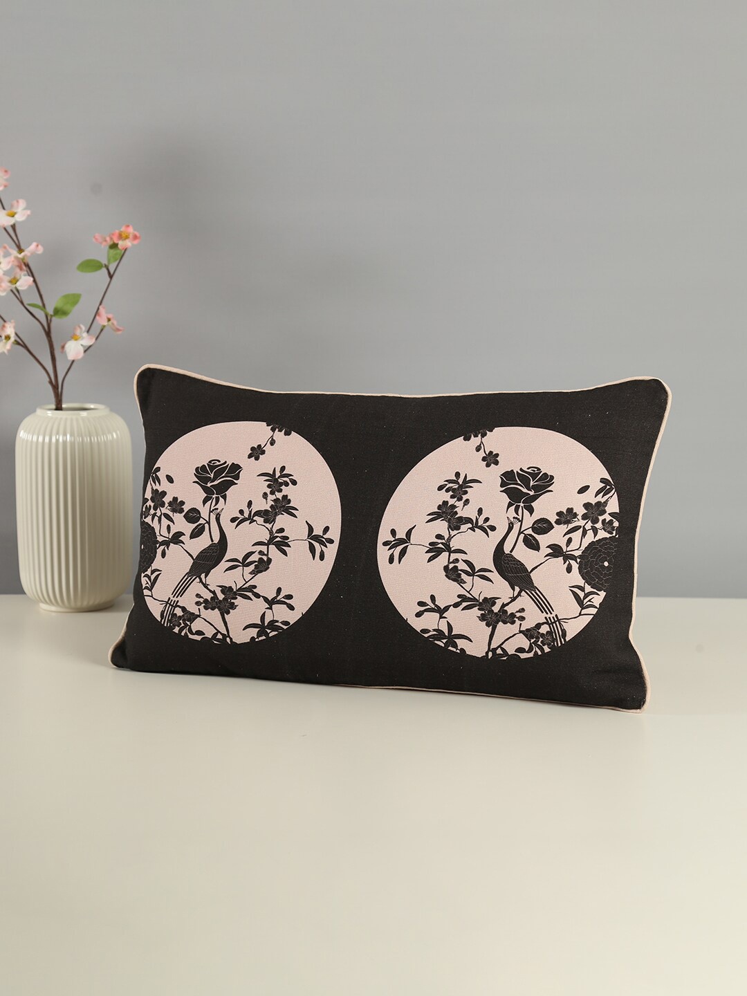 

India Circus by Krsnaa Mehta Celine Black & Beige Floral Cotton Rectangle Cushion Cover