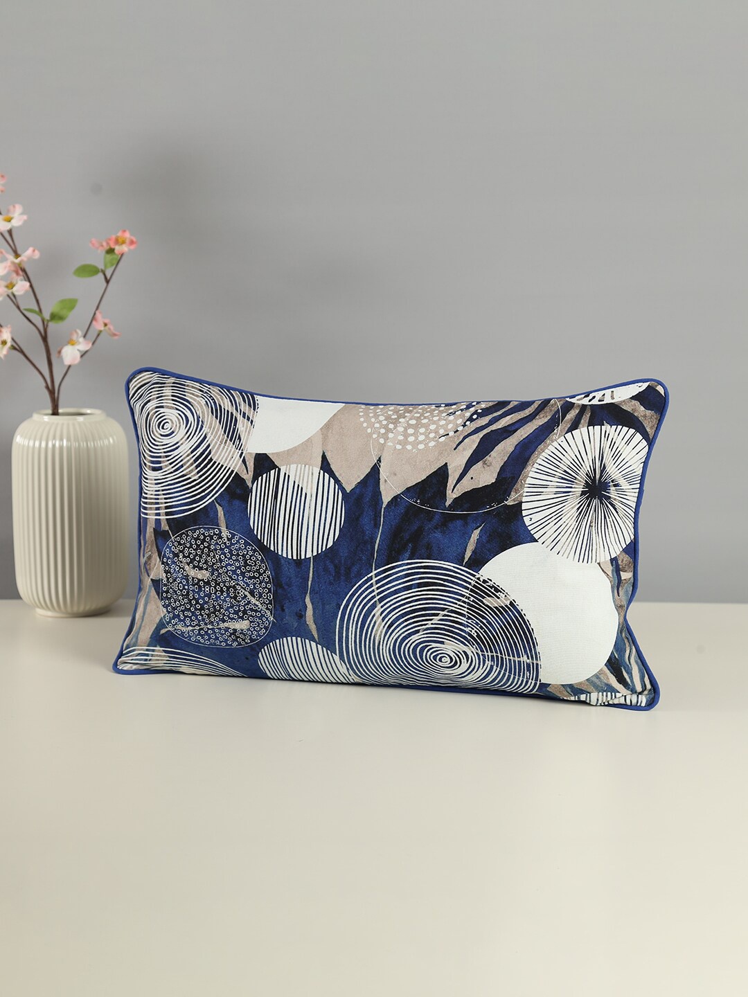 

India Circus by Krsnaa Mehta Discoid Azure Blue & White Cotton Rectangle Cushion Cover