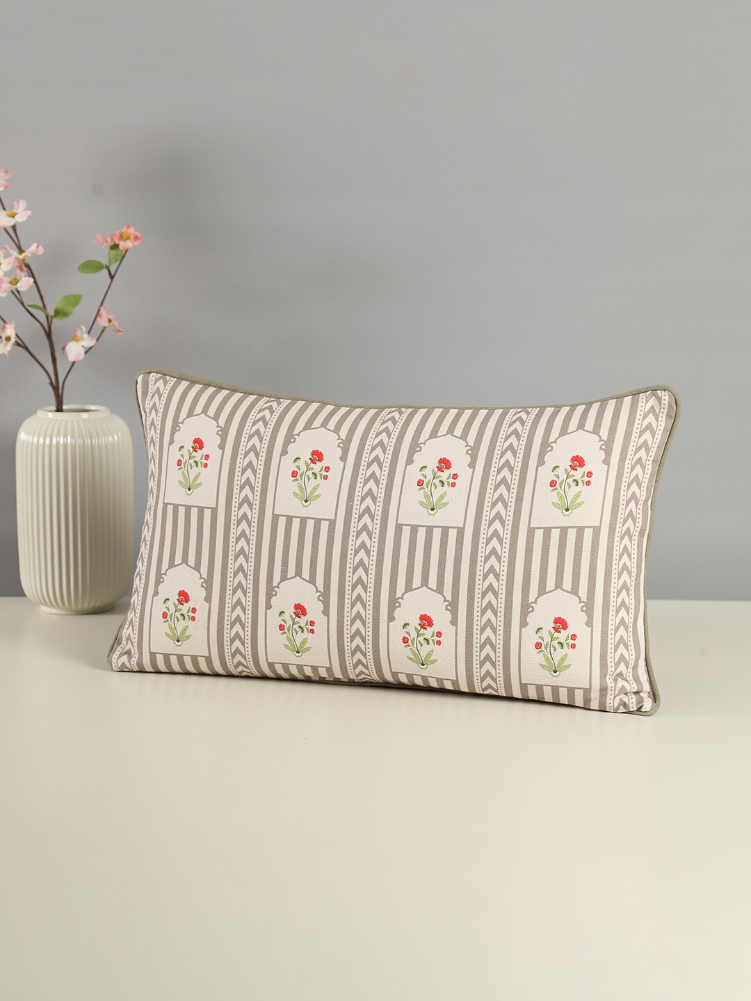 

India Circus by Krsnaa Mehta Grey & Beige Floral Cotton Rectangle Cushion Cover