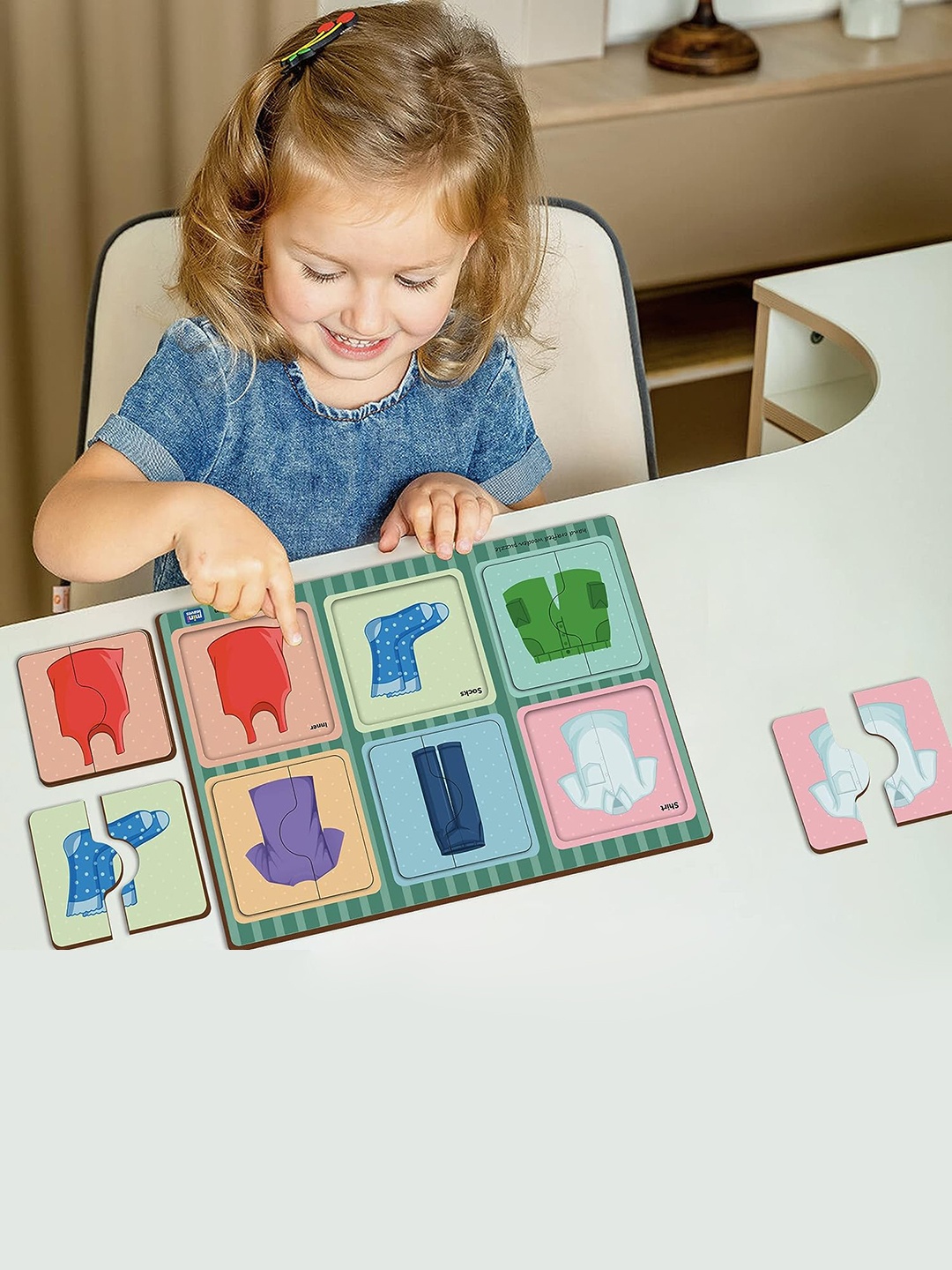 

Mini Leaves Kids Set Of 6 2 Pieces Clothes Wooden Puzzles, Blue