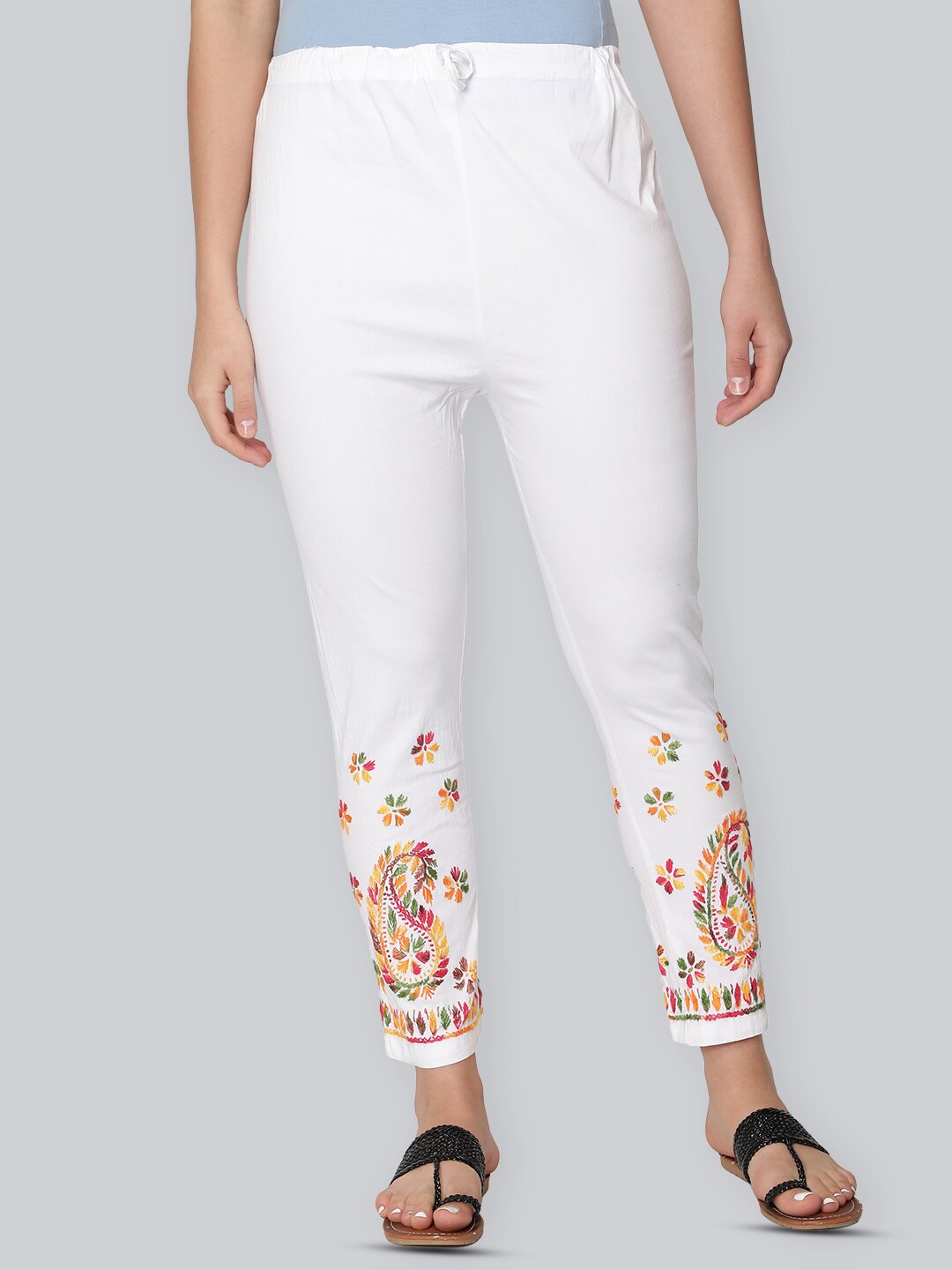 

Seva Chikan Women Floral Embroidered Straight Trouser, White