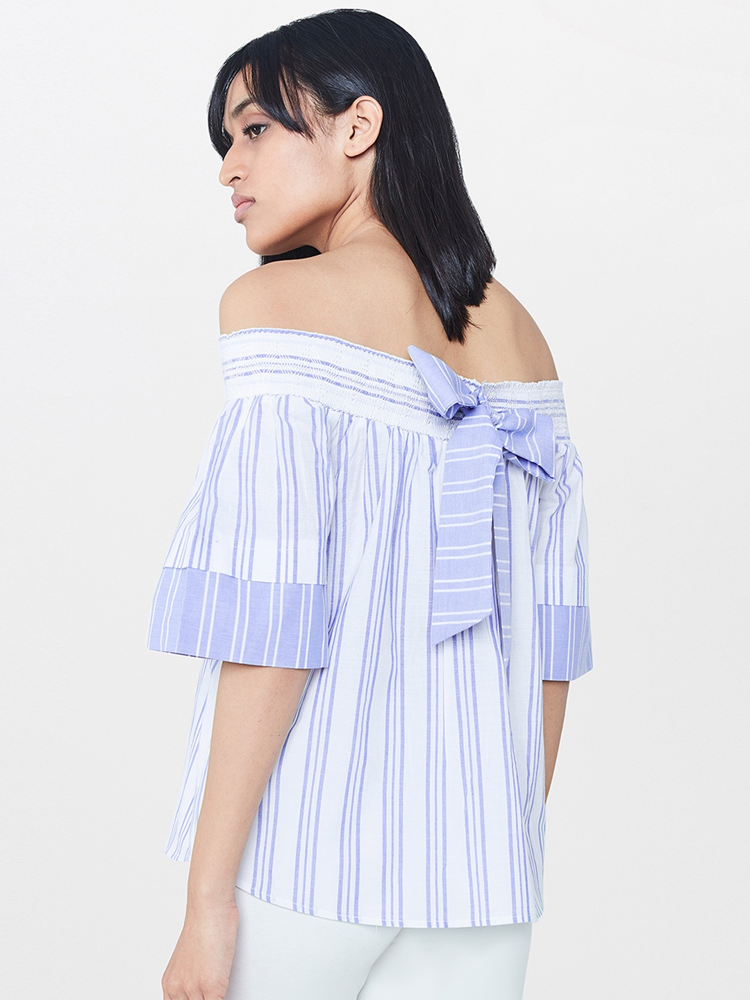 

AND Women Blue & White Striped Bardot Pure Cotton Top