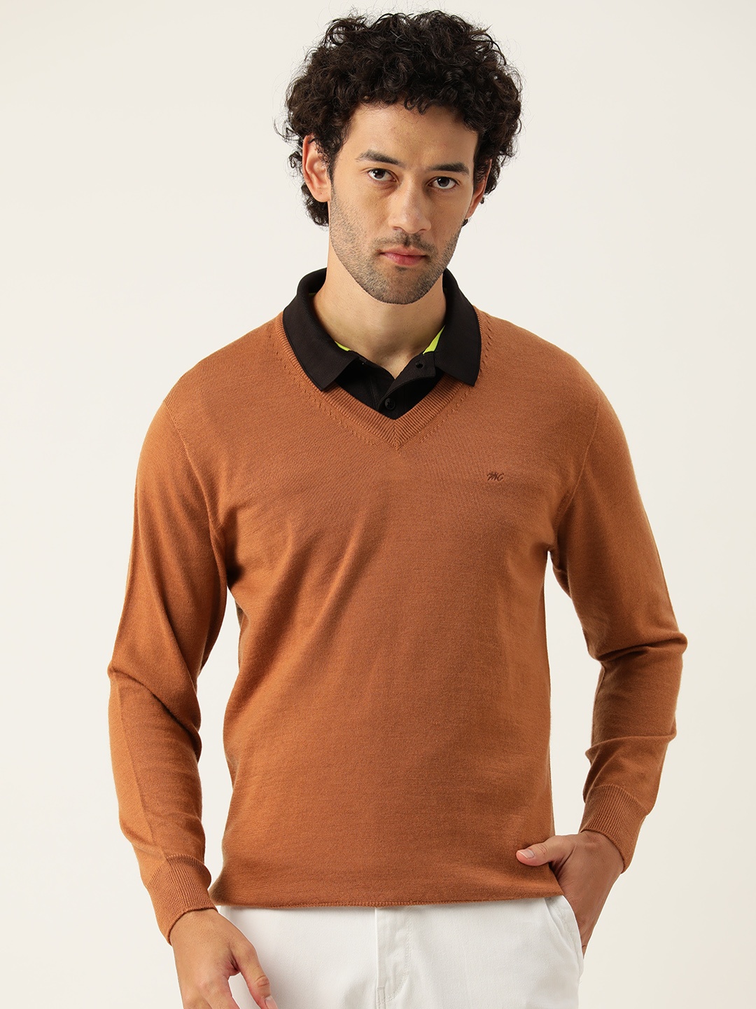 

Monte Carlo Men Solid V-Neck Woollen Pullover, Copper