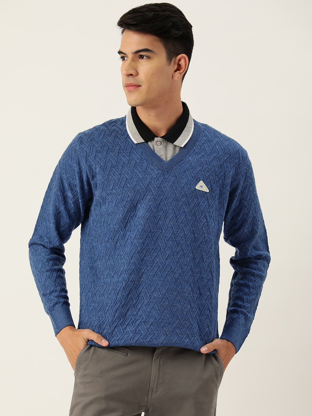 

Monte Carlo Men Self-Checked V-Neck Pullover, Blue
