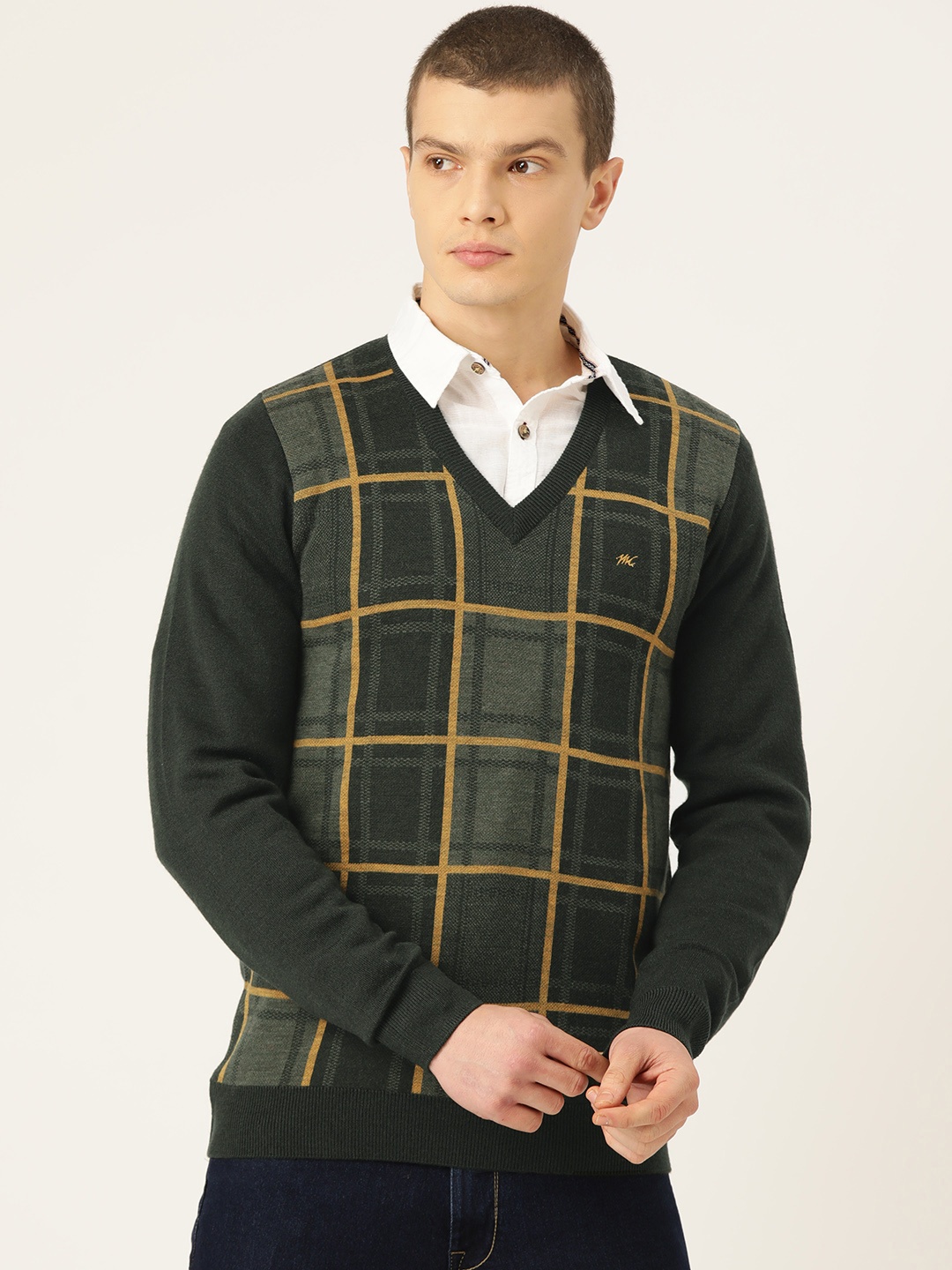 

Monte Carlo Men Checked Woollen Pullover, Olive
