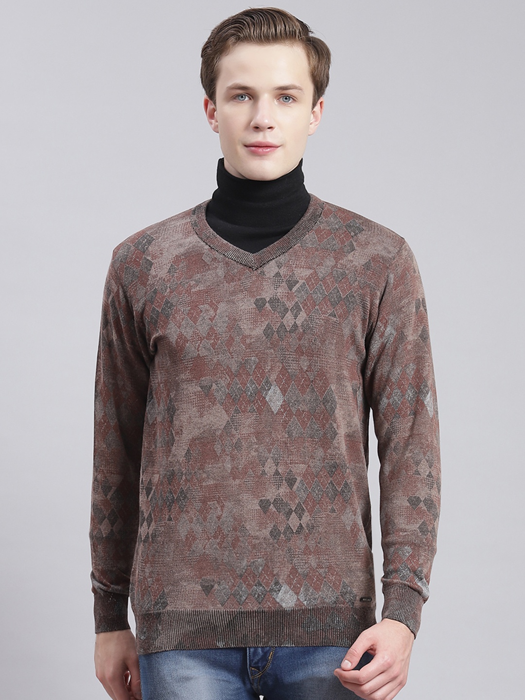 

Monte Carlo Geometric Printed Pure Cotton Pullover, Brown