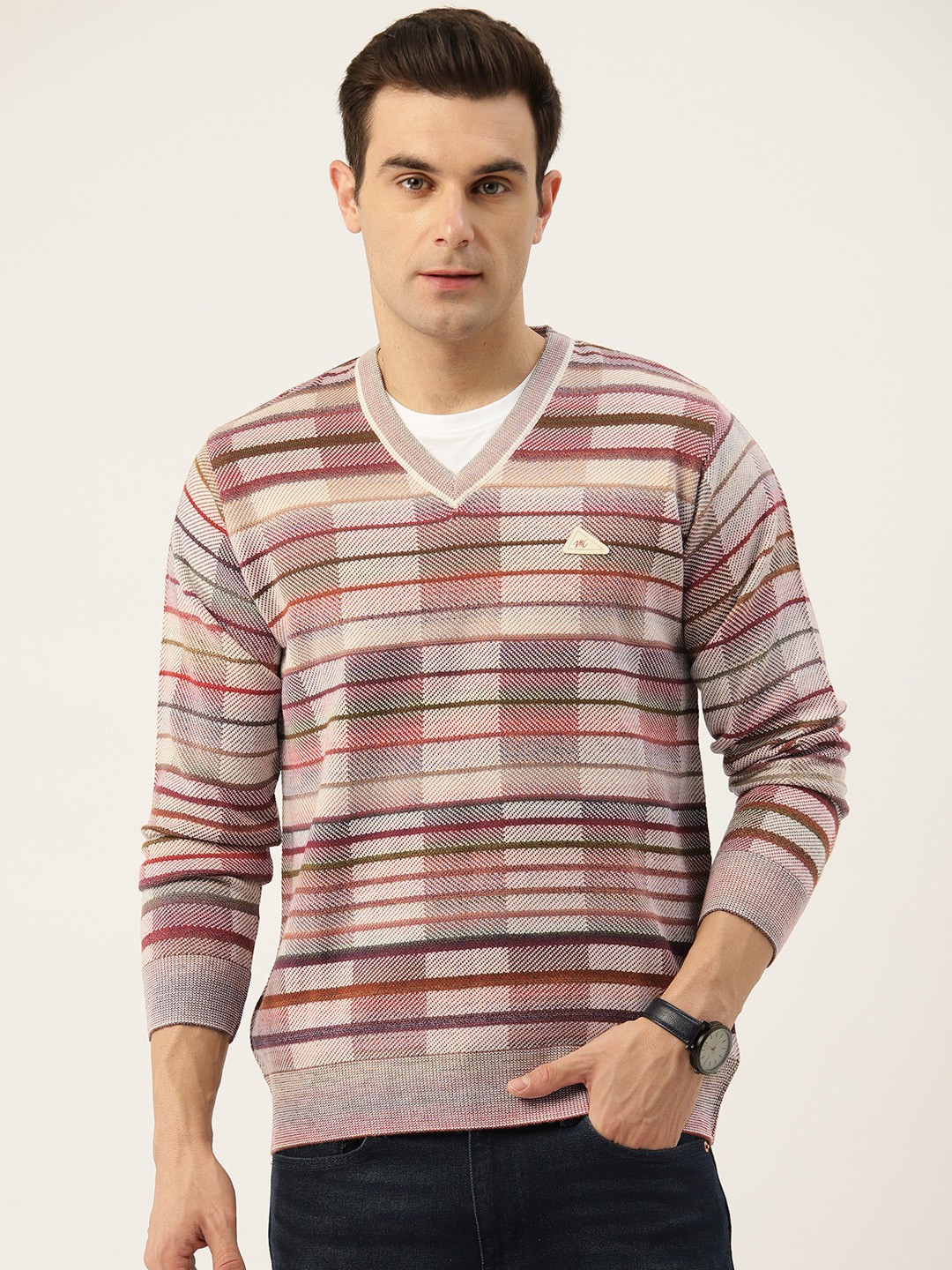 

Monte Carlo Men Striped Woollen Pullover, Cream