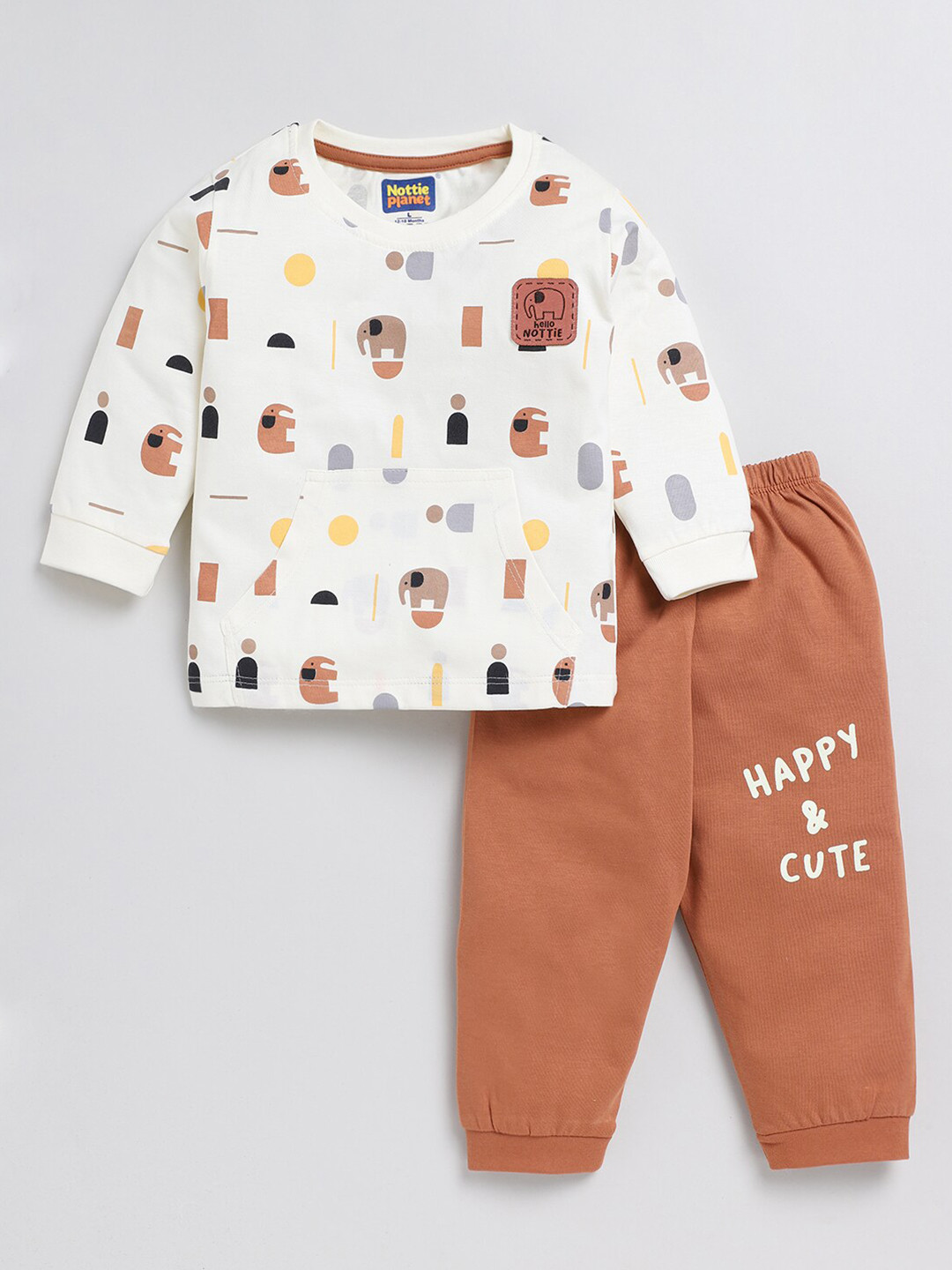 

Nottie Planet Boys Printed Pure Cotton T-shirt with Trousers, White
