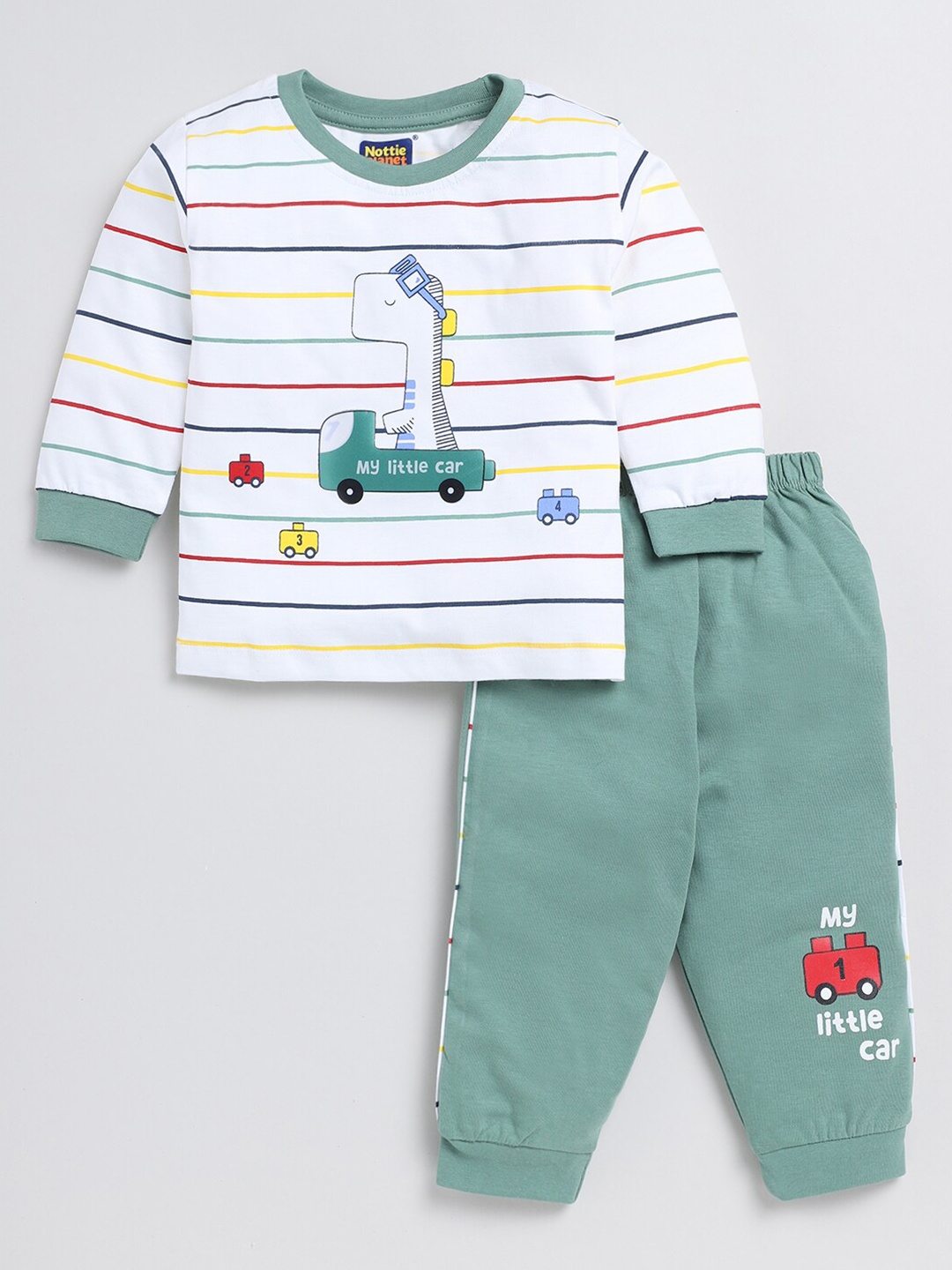 

Nottie Planet Boys Printed Pure Cotton T-shirt with Trousers, White