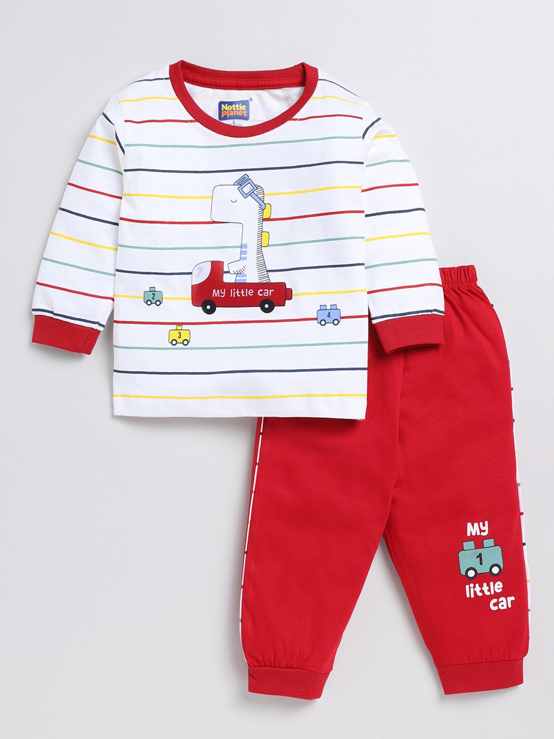 

Nottie Planet Boys Printed Pure Cotton T-shirt with Trousers, White