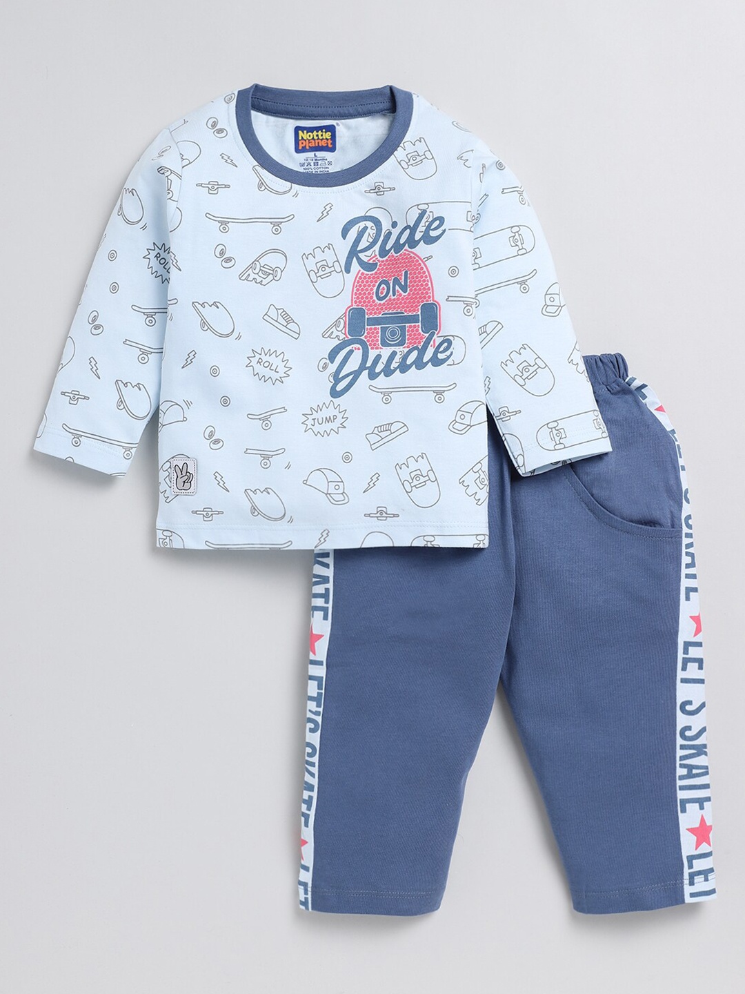 

Nottie Planet Boys Printed Pure Cotton T-shirt with Trousers, Blue