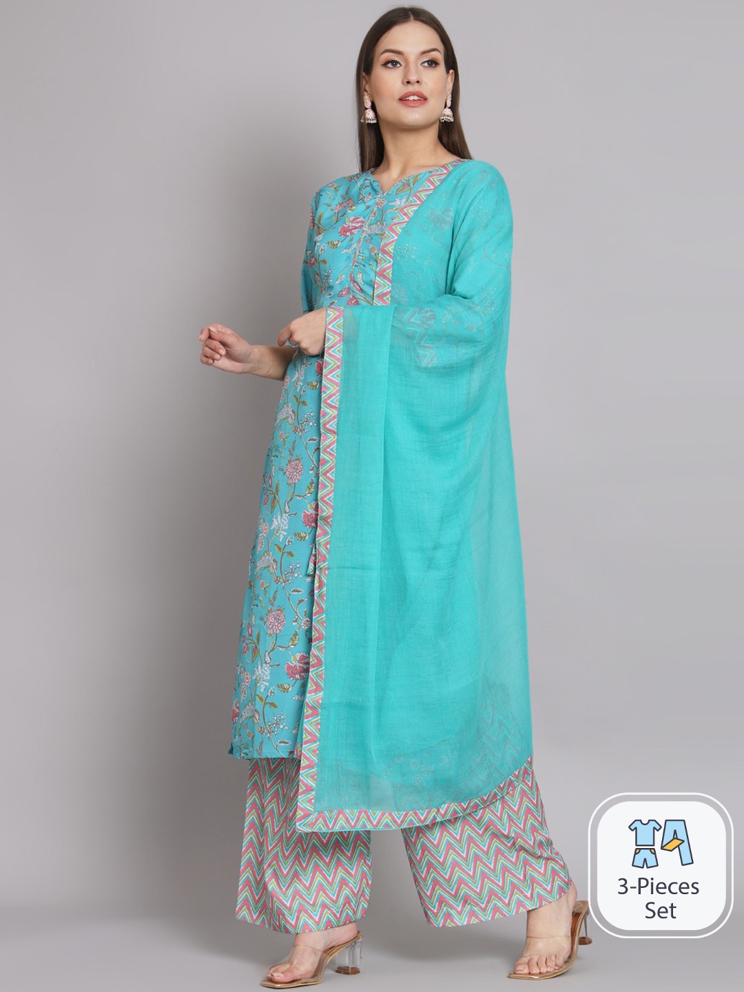 

KALINI Floral Printed Round Neck Straight Kurta With Trousers, Blue