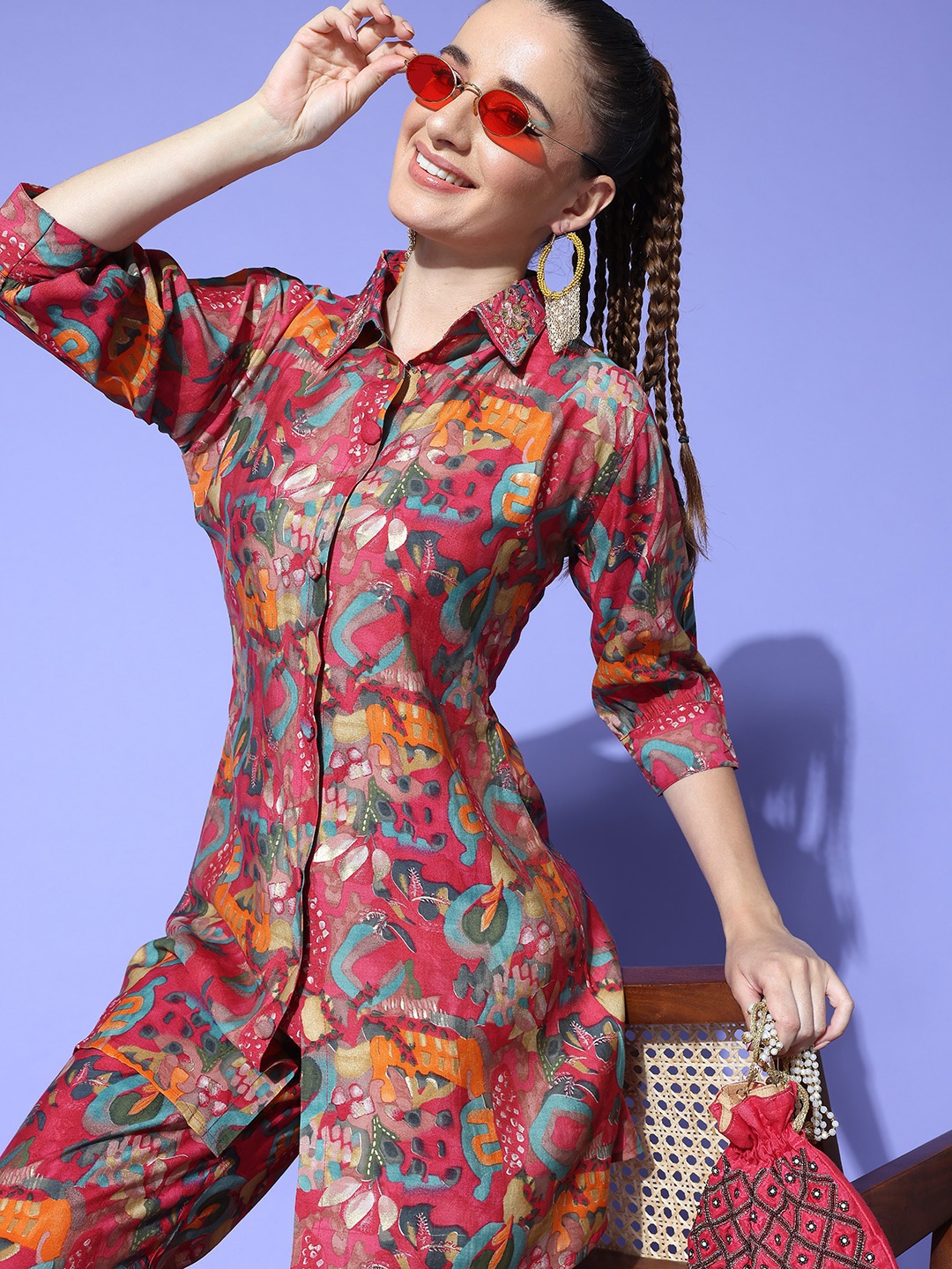 

KVSFAB Abstract Foil Printed Chanderi Ethnic Co-Ords, Pink