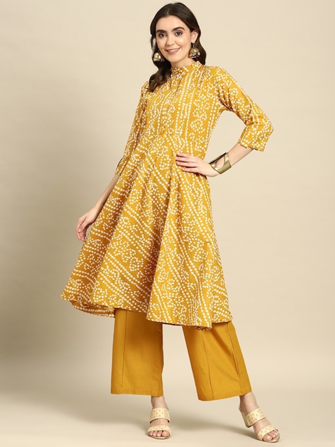 

HERE&NOW Bandhani Printed Mandarin Collar Pure Cotton Anarkali Kurta With Palazzos, Mustard