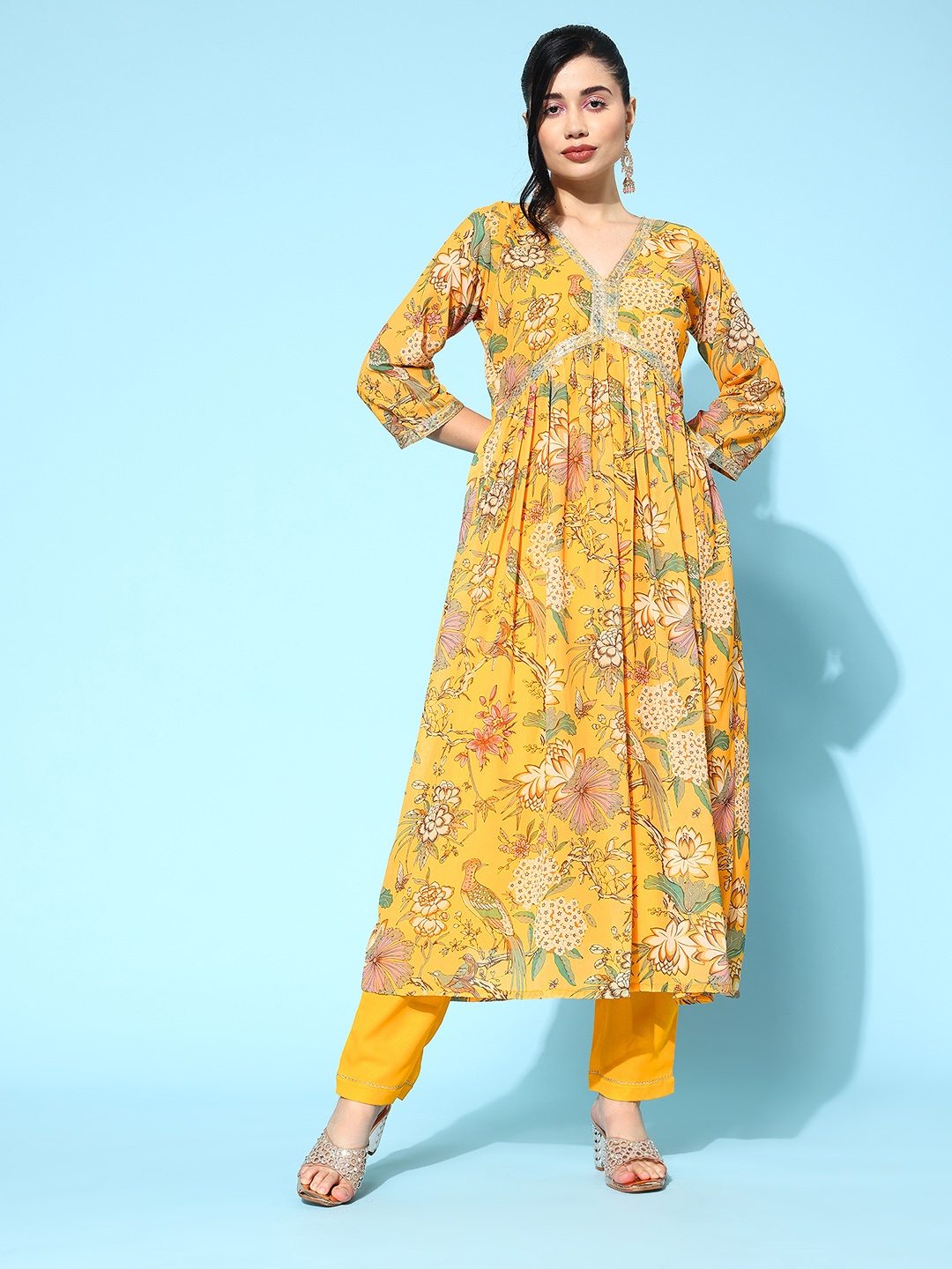 

Kvsfab Women Floral Printed Pleated Sequinned Kurta with Trousers, Yellow